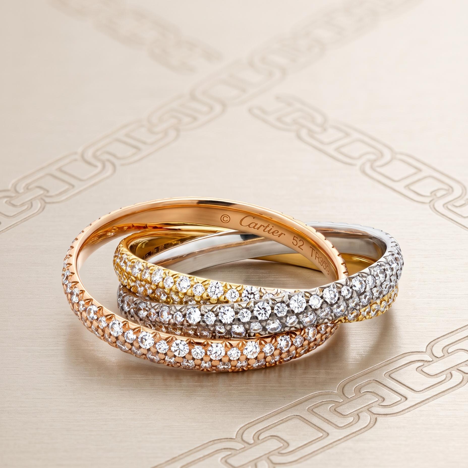 Cartier 18K Tri Color Gold Trinity Ring with 1.38 Carat Round F VS Diamonds