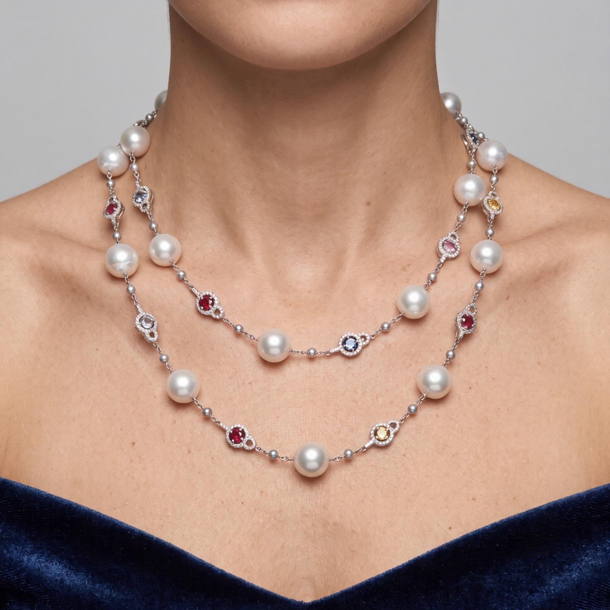 18K White Gold Station Necklace 1.56ct Diamonds Pearls & 4ct Multi Gemstones