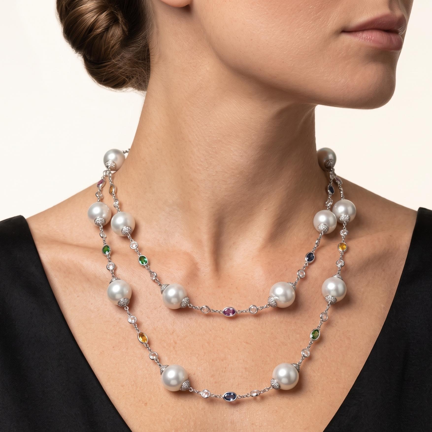 18K WG Station Necklace 6.72ct Rose & Round Diamonds Pearl & 5ct Multi Gemstones