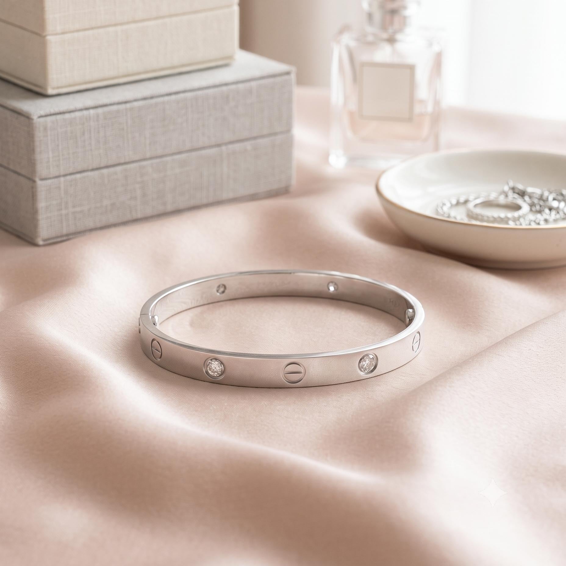 Cartier 18K White Gold Love Bracelet with 0.42ct Round F VS Diamonds Size 16