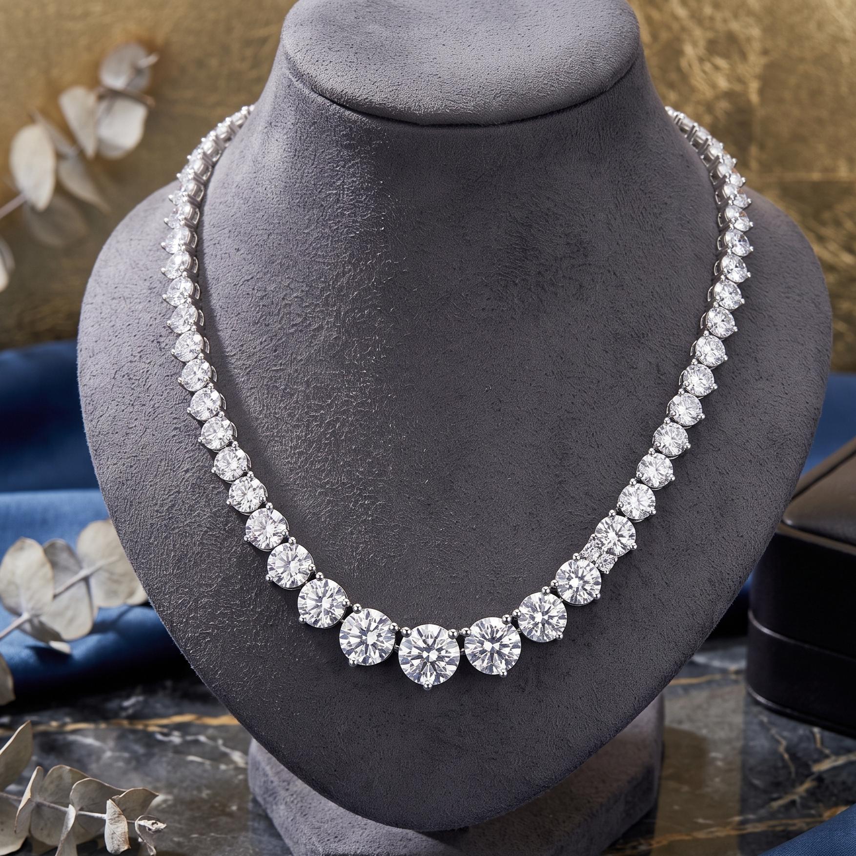 Vintage 18K White Gold Riviera Necklace with 31.68 Carat Round Diamonds GIA