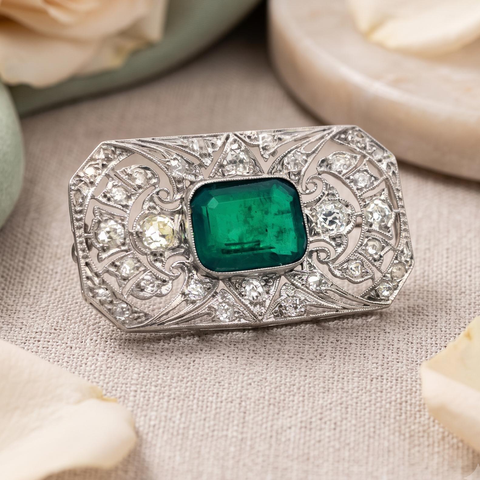 Platinum Pin Brooch with 0.74ct Old European Diamonds and 5ct Synthetic Emerald