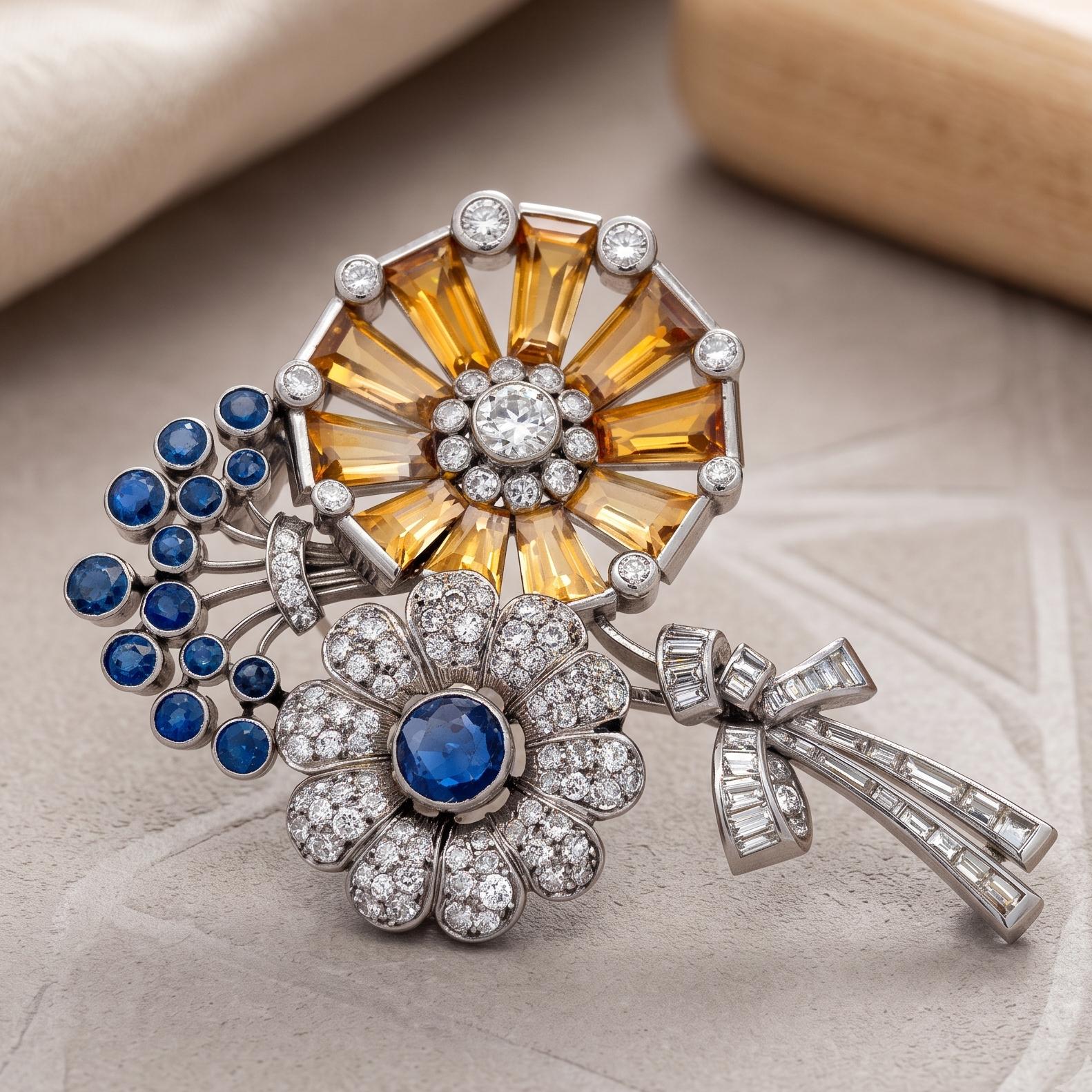Estate 16K Gold Platinum Pin Brooch with 5ct Diamonds 3.5ct Sapphire and Citrine