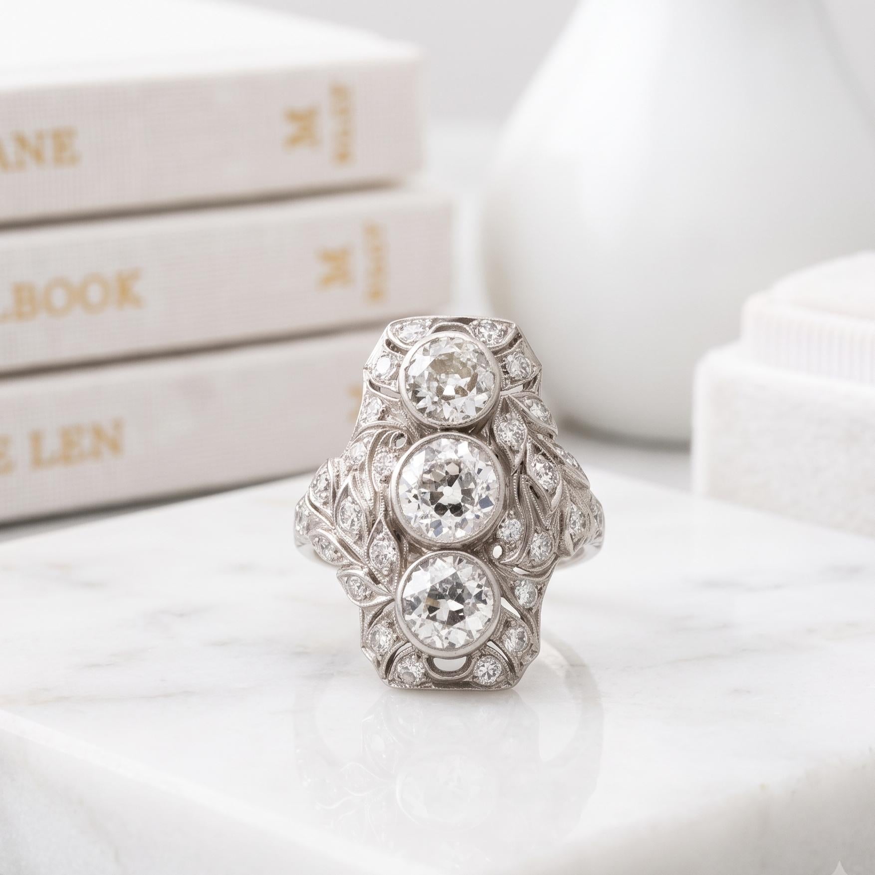 Platinum Art Deco Ring with 2.15 Carat Old European F VS Diamonds Size 5.5