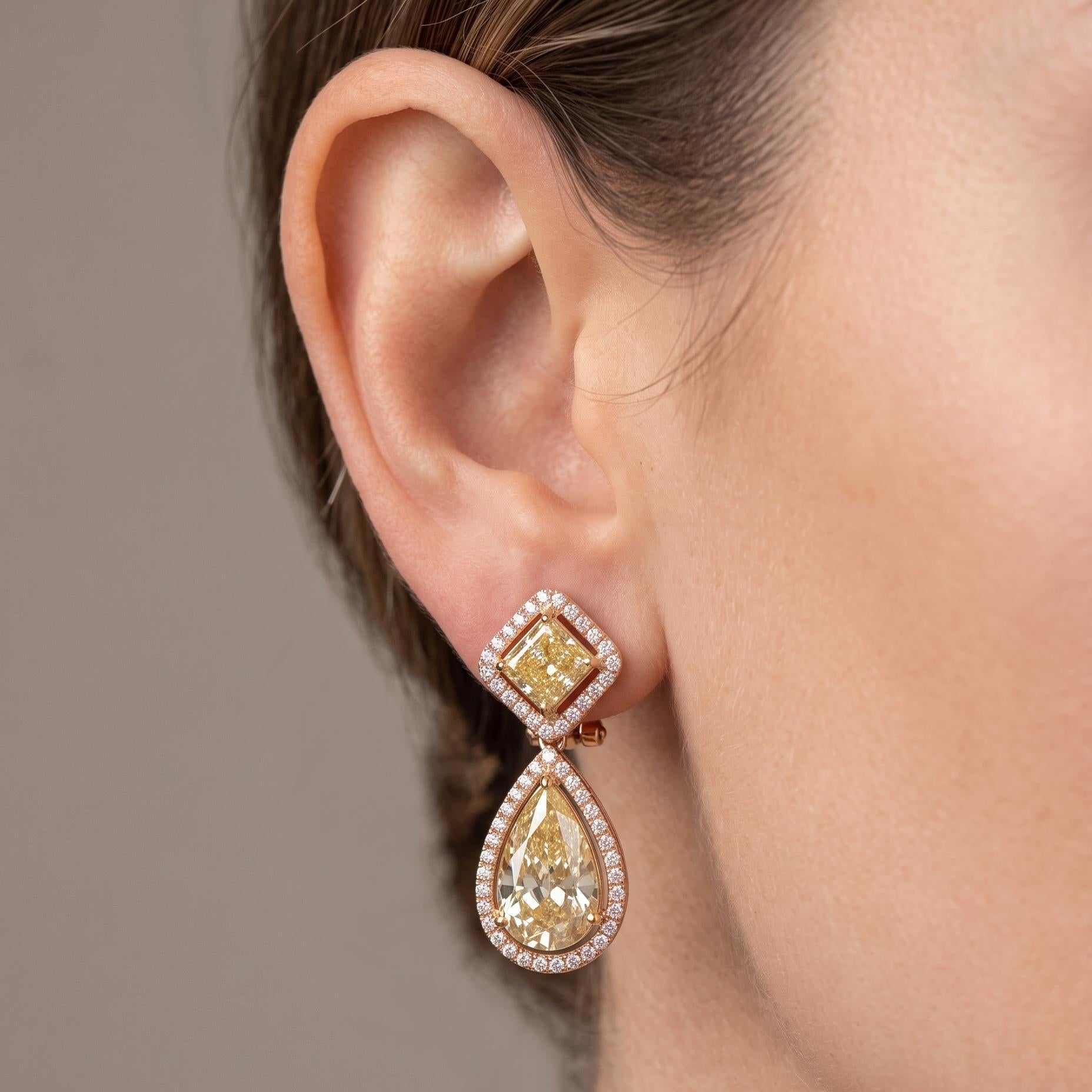 18K Rose Gold Drop Earrings with 9.06ct Pear Radiant & Round Diamonds