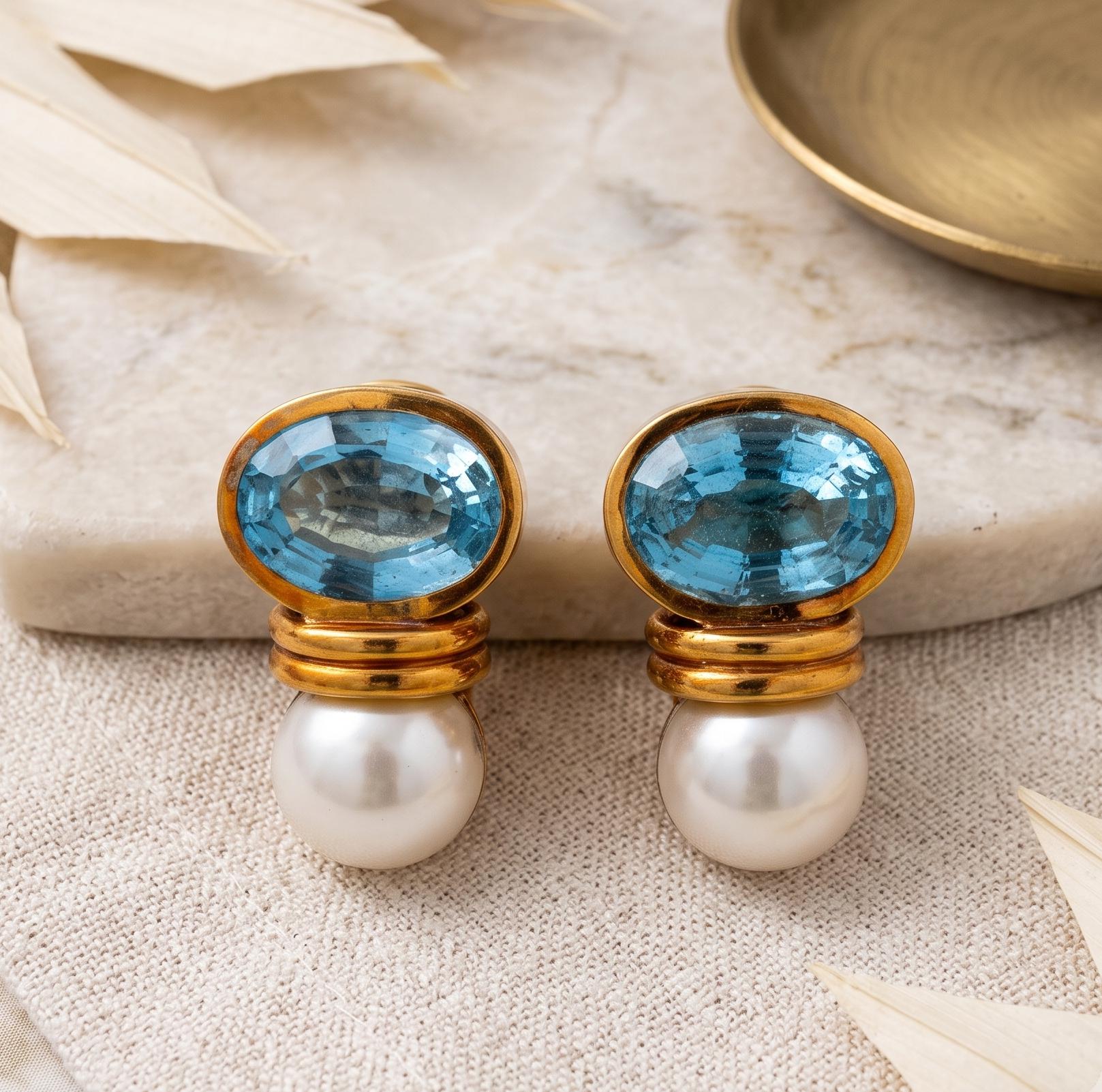 18 Karat Yellow Gold Clip On Earrings with 22.5ct Oval Aqua Marine & Pearls