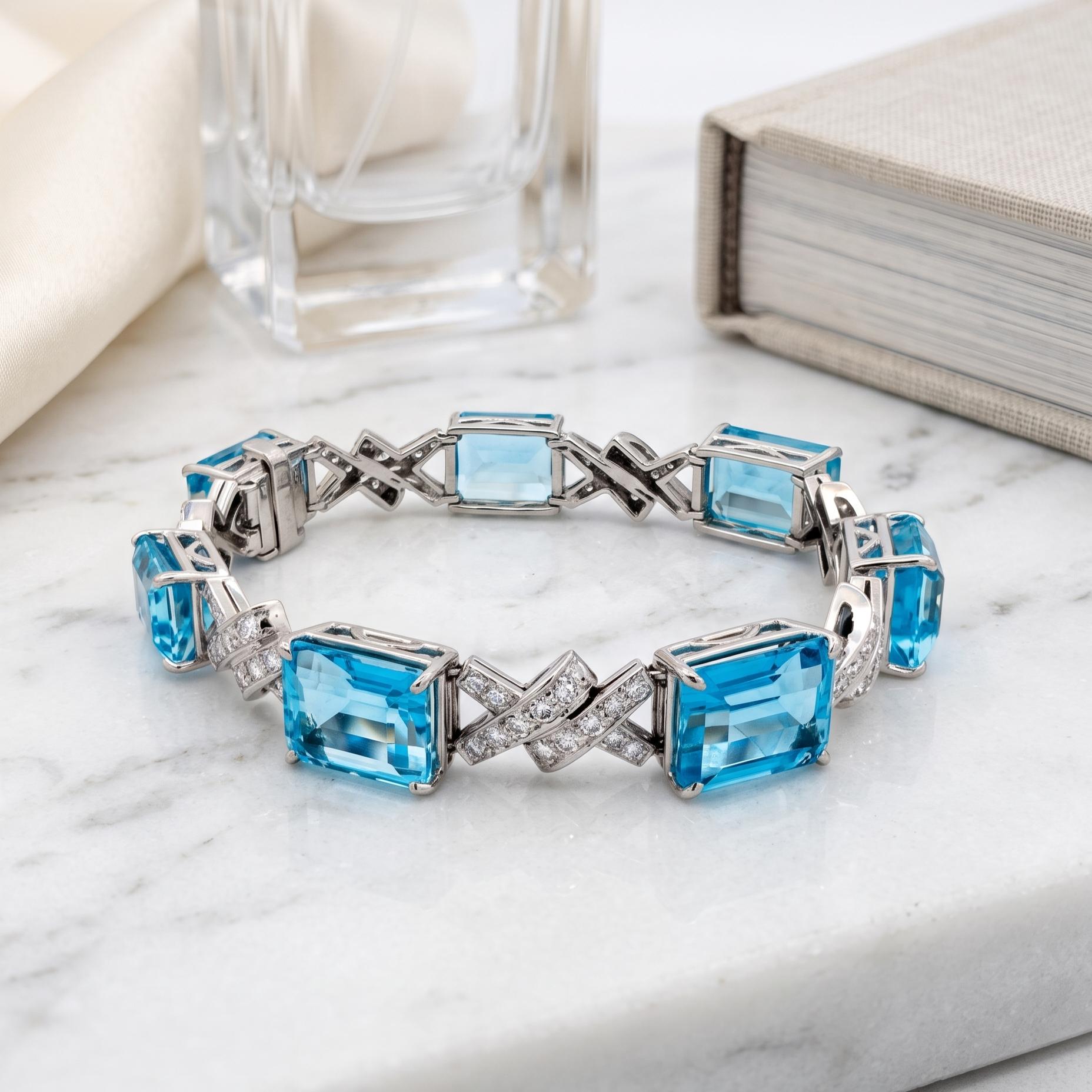 Vintage 14K White Gold Link Bracelet 3.5ct Old European Diamonds & Aquamarine