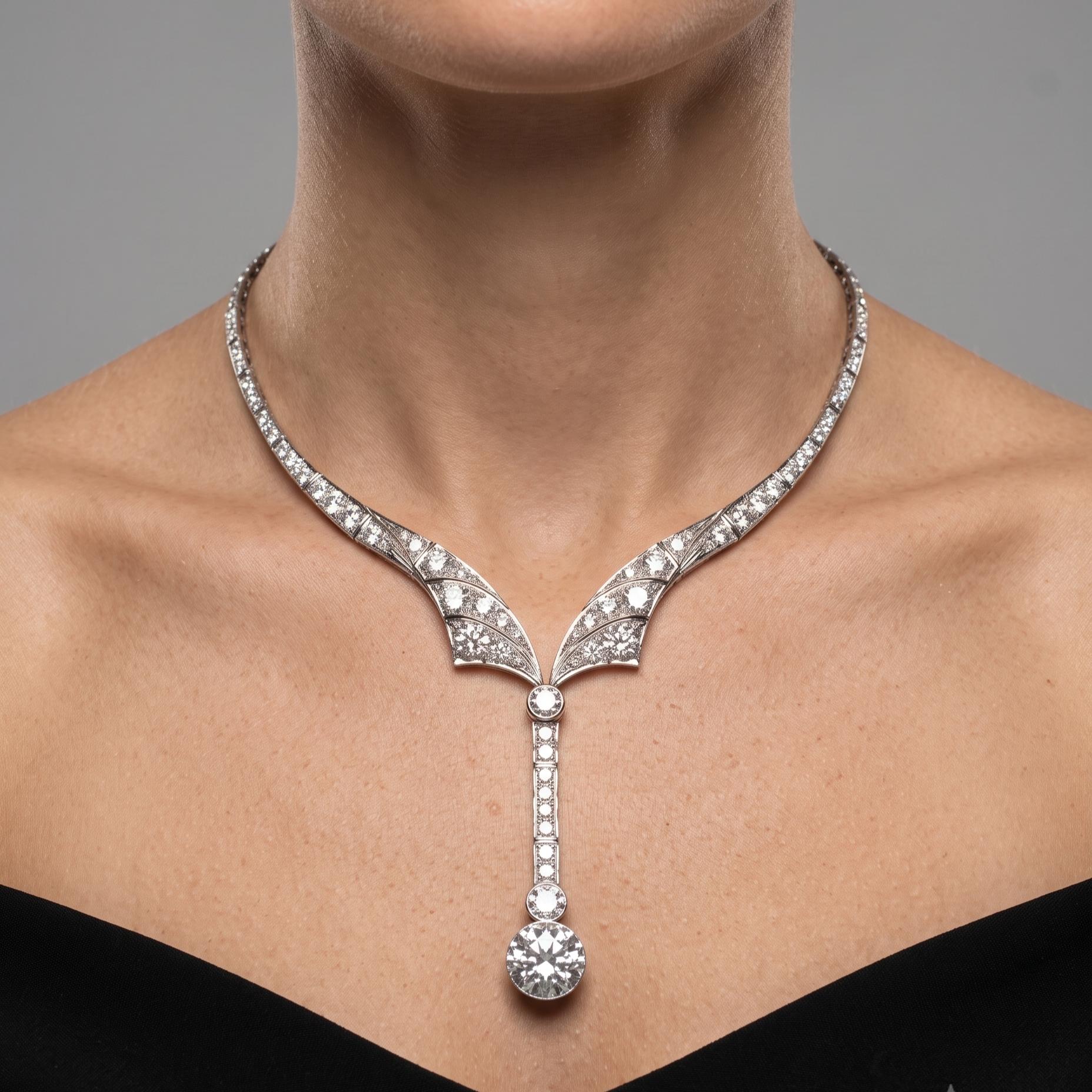 Vintage Platinum Drop Necklace with 20 Carat Old European Cut Diamonds 37.24g