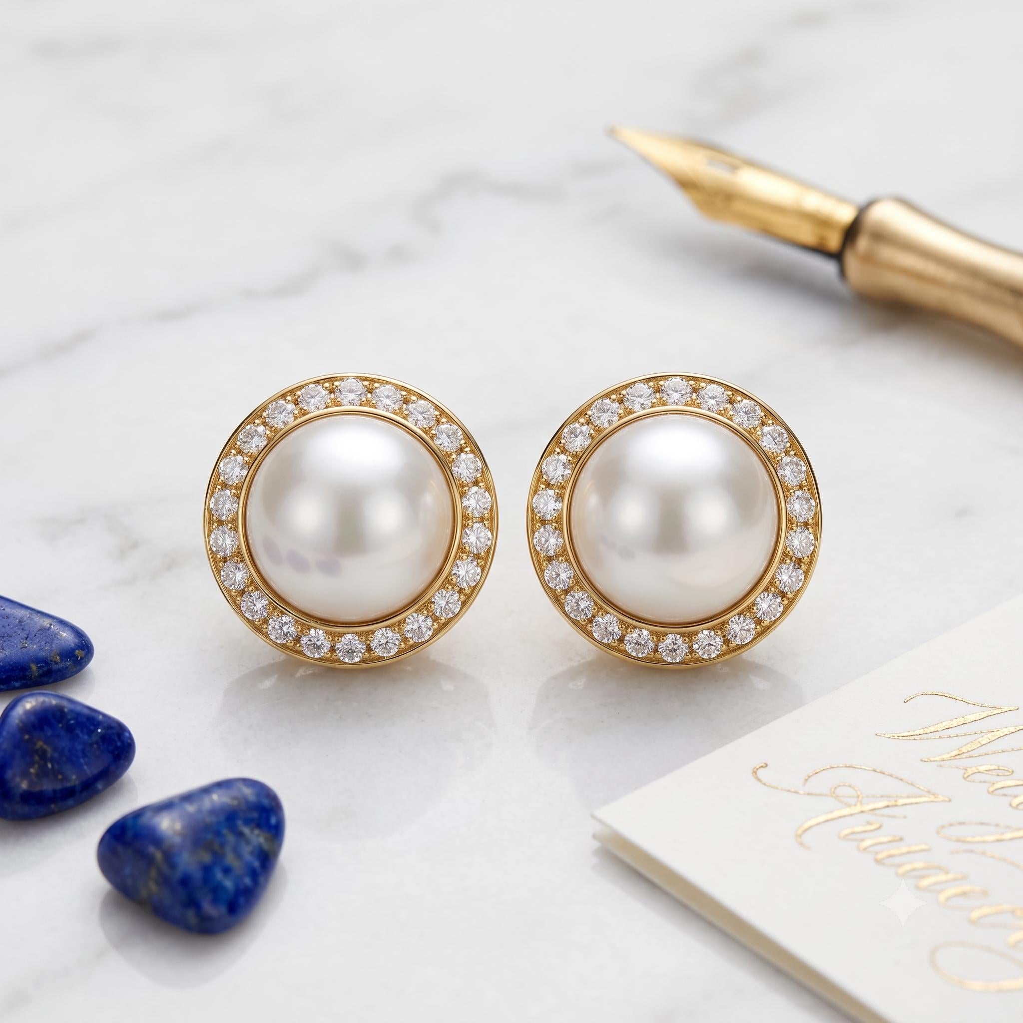 Tiffany & Co 18K YG Clip On Earrings with 3 Carat Round Diamonds & 16.3mm Pearls