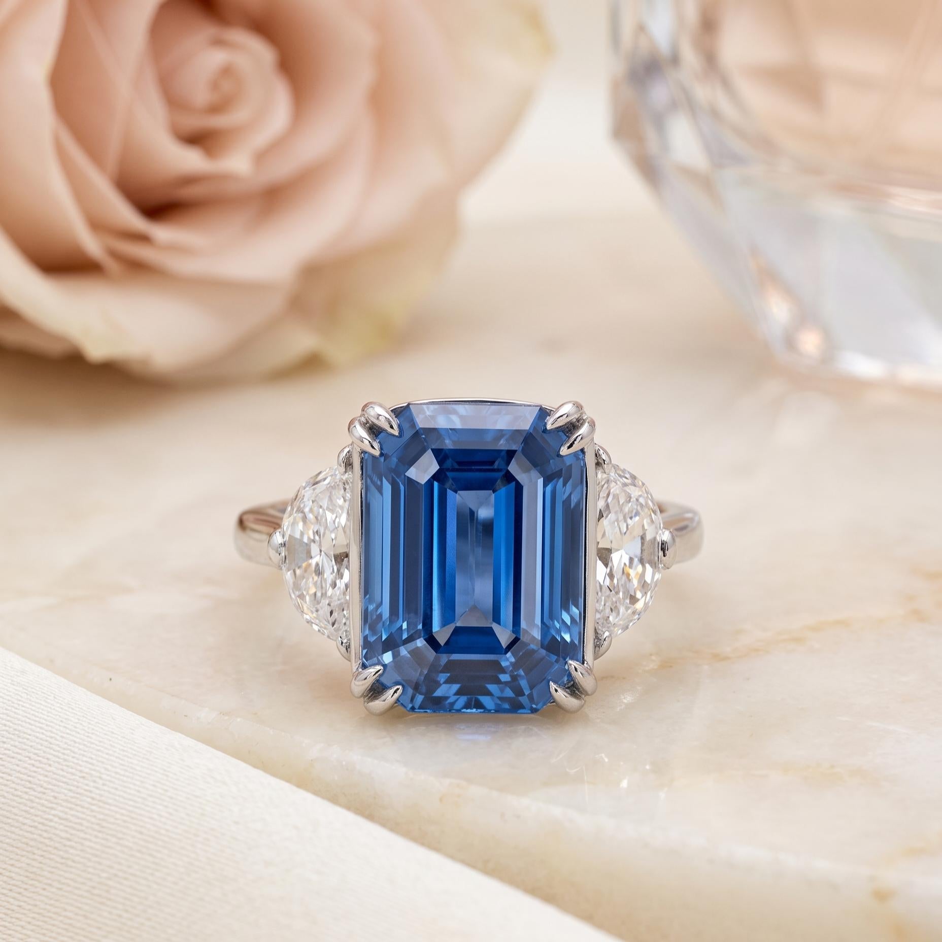 Platinum Three-Stone Ring 1.35ct Half Moon Shape Diamonds 11.57ct Sapphire GIA