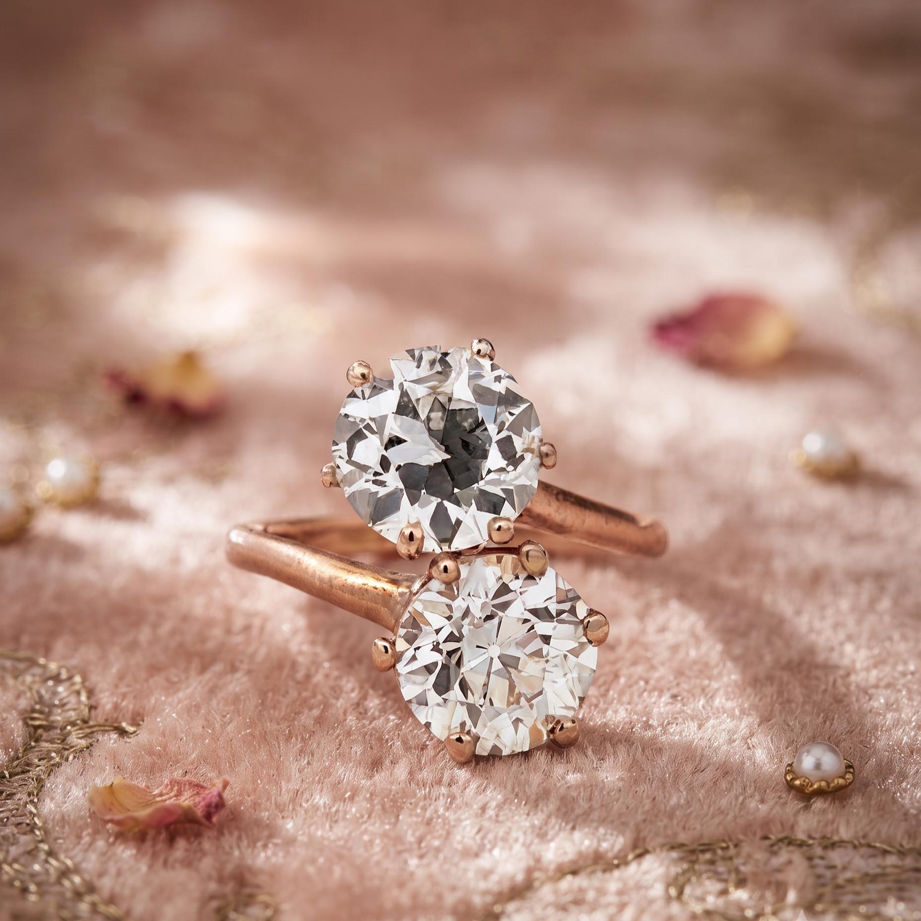 14K YG Two-Stone Ring 3.52ct Old European Diamonds Size 5.5 N SI2/VS2 GIA