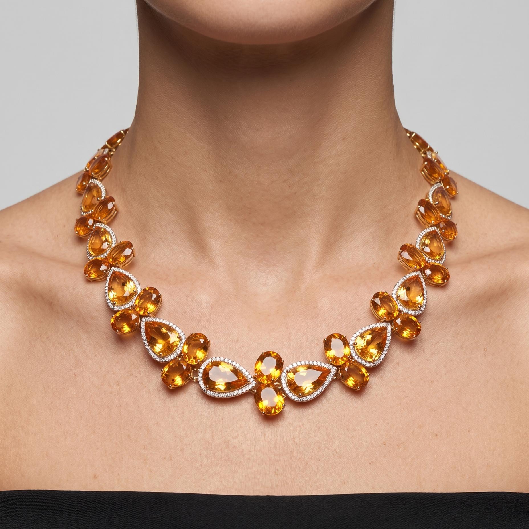 18K Yellow Gold Collar Necklace with 2.14 Carat Round H SI Diamonds & Citrine