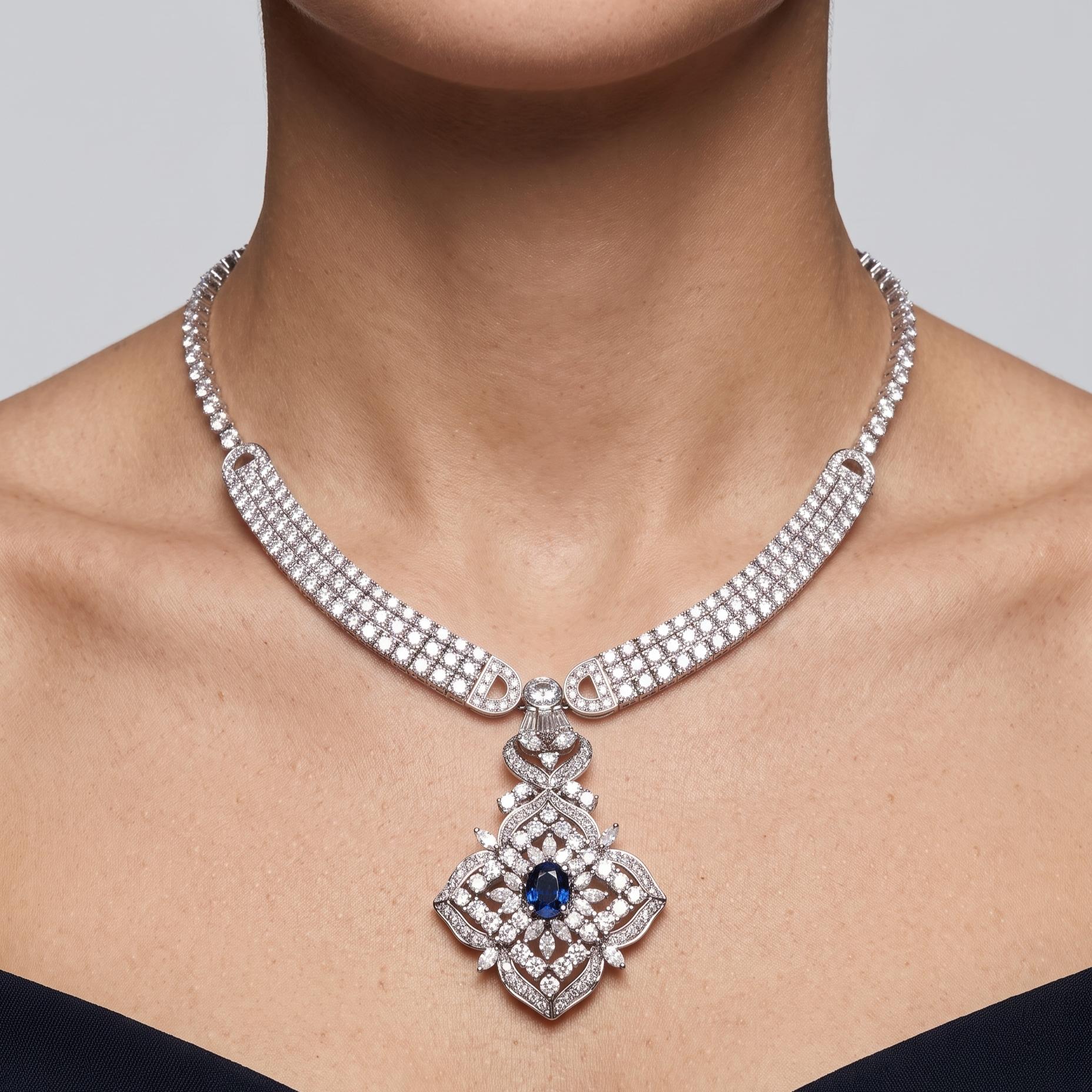 18K White Gold Pendant Necklace 12ct Mixed Cut H VS Diamonds & 0.5ct Sapphire