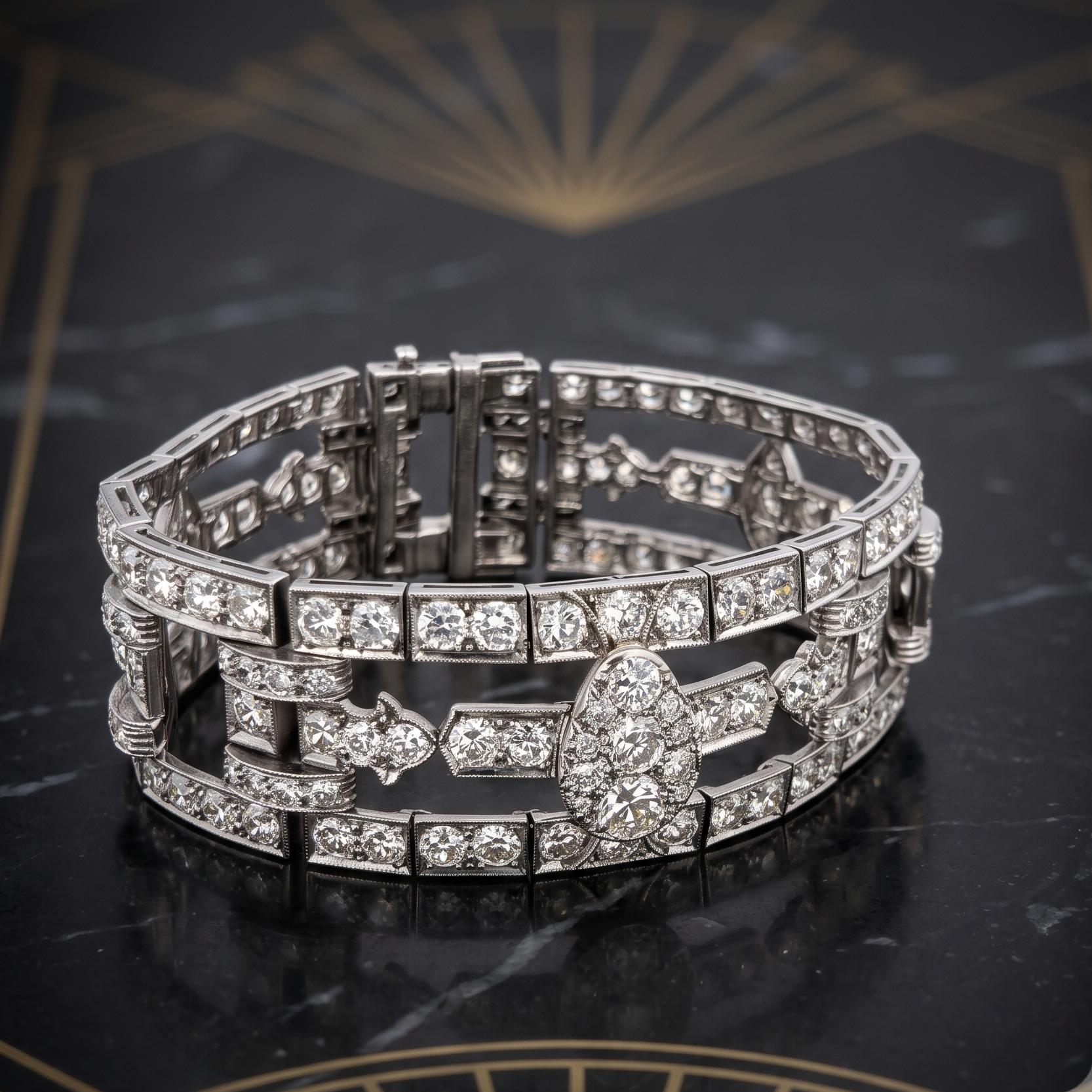 White Platinum Art-Deco Wide Bracelet with 18 Carat Circular Cut H-VS Diamonds