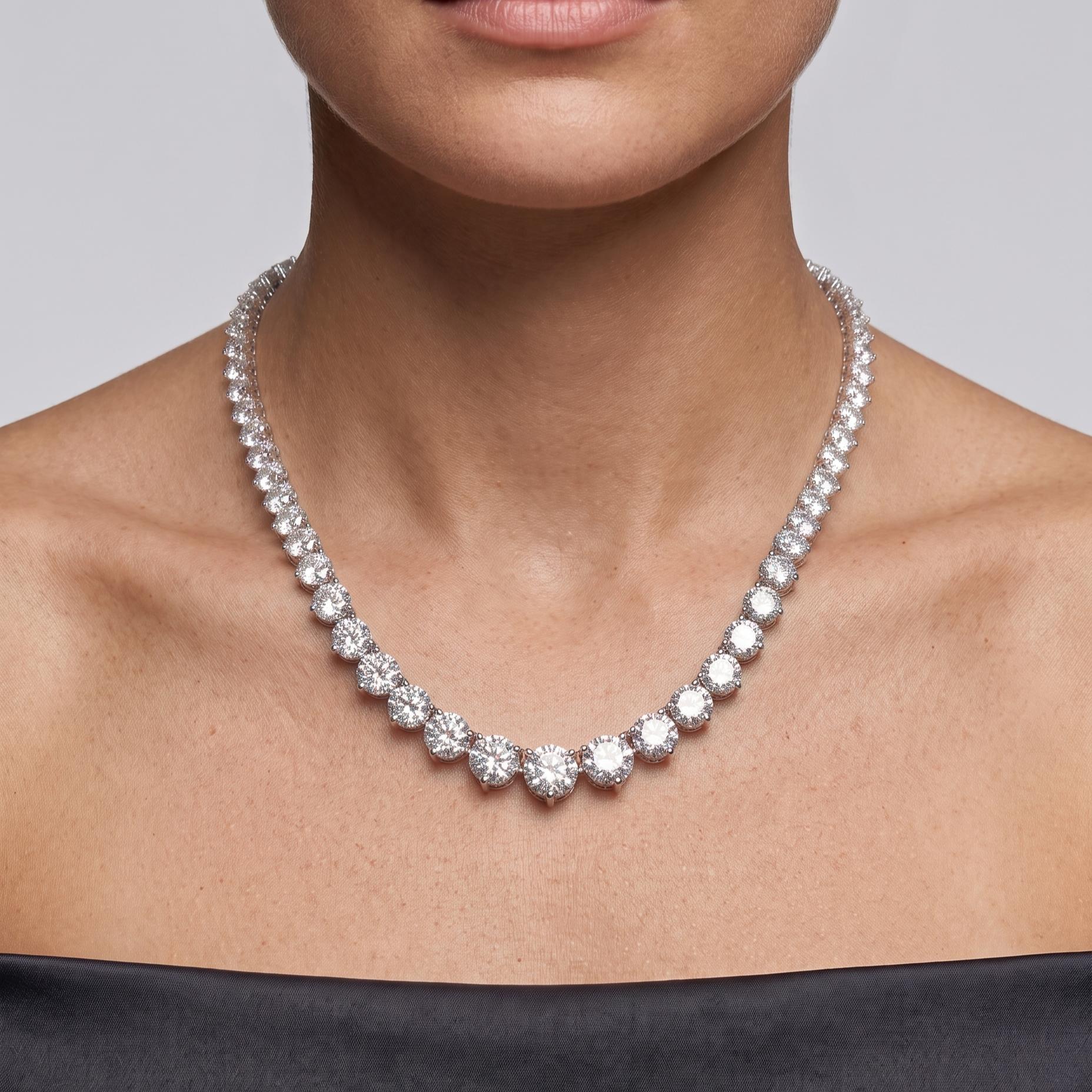 18K White Gold Riviera Necklace with 19.33 Carat Round D-F Diamonds 17 Inch GIA