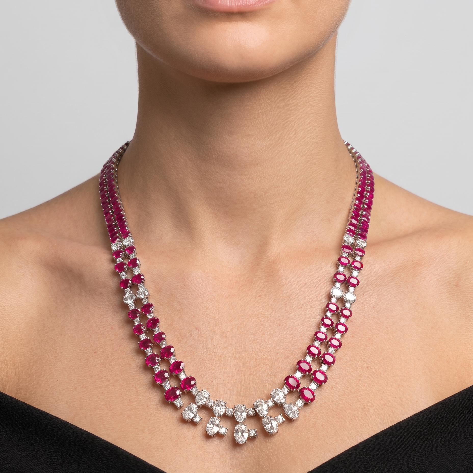 18K White Gold Riviera Necklace with 8.8ct Oval & Round Diamonds and 71ct Rubies