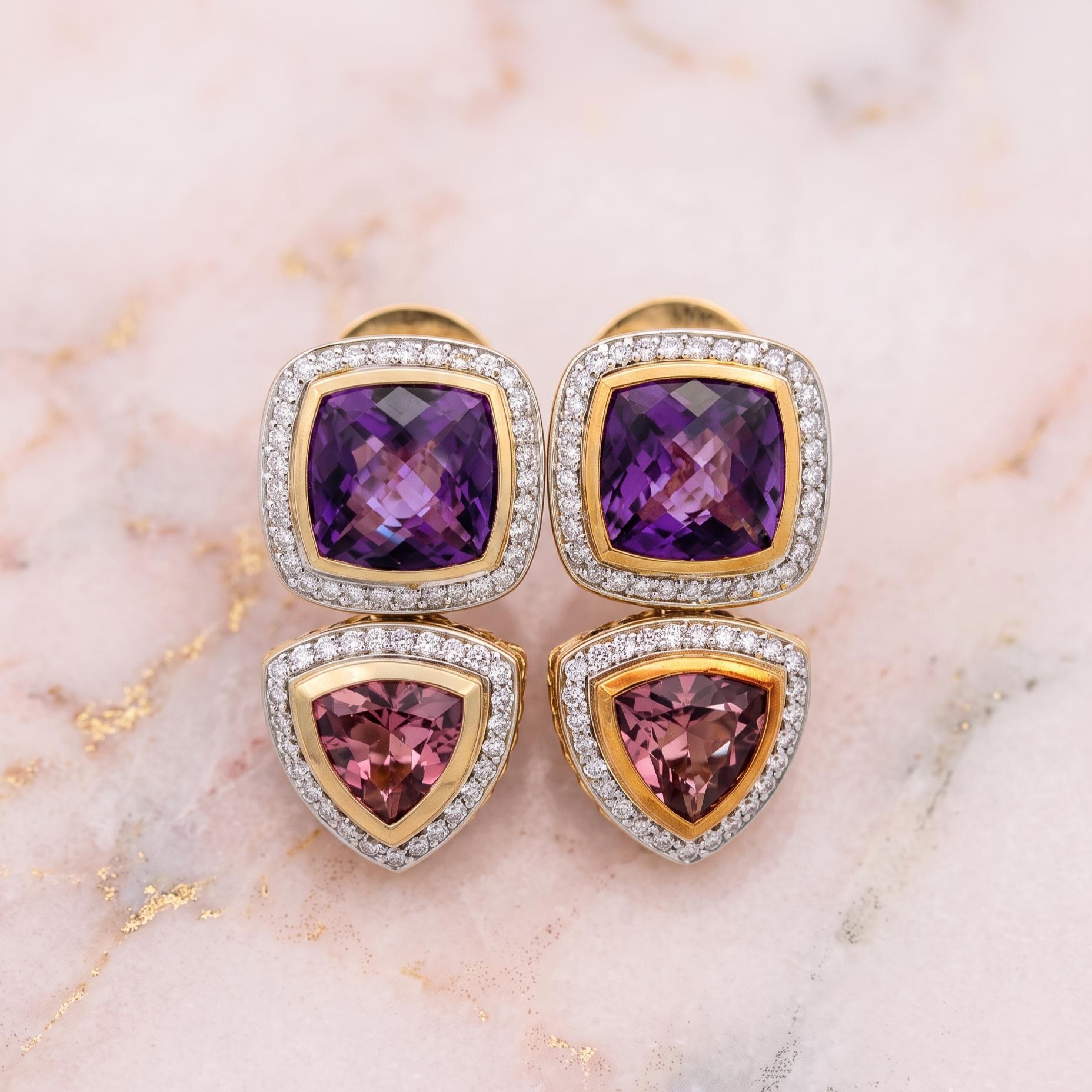 David Yurman 18K YG Drop Earrings 1.2ct Diamond 16.5ct Amethyst 4.3ct Tourmaline