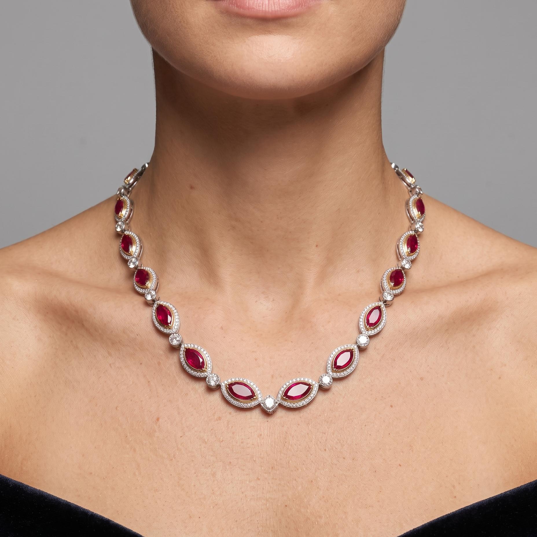 18K Two-Tone Gold Link Necklace with 15ct Old European I VS Diamonds & 18ct Ruby