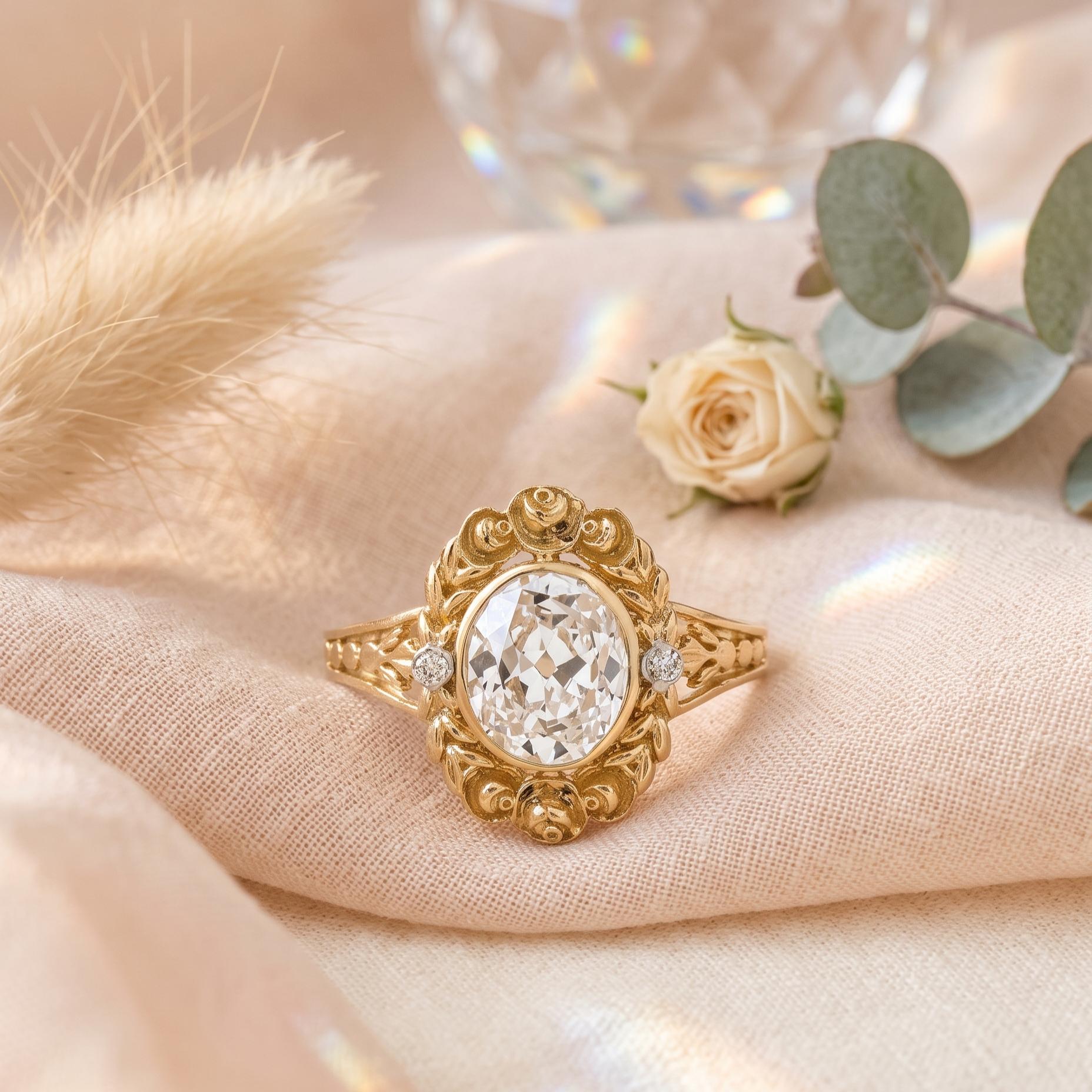18K Yellow Gold Engagement Ring 1.31ct Oval & Round Diamonds Size 6.5 D SI1 GIA