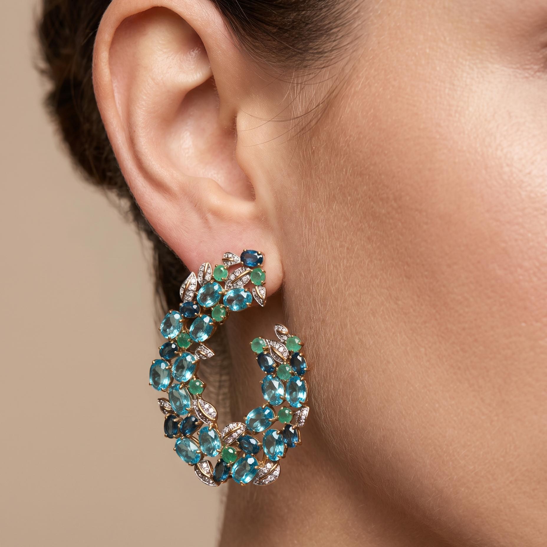 18K Two Tone Gold Dangling Earrings 0.4ct Round Diamond 2.7ct Emerald 35ct Topaz