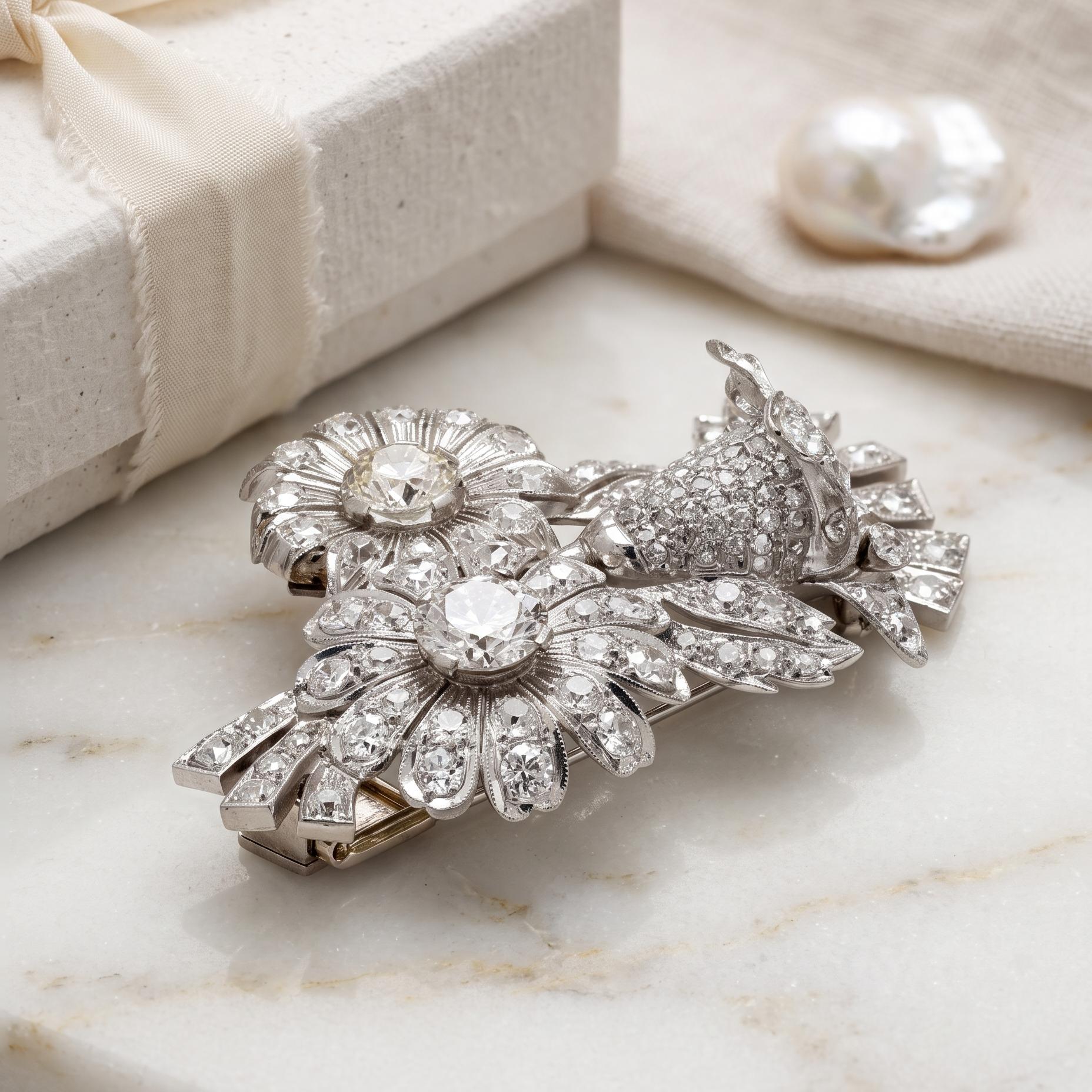 18K White Gold Pin Brooch with 7.25ct Old European Cut & Round Diamonds M I1 GIA