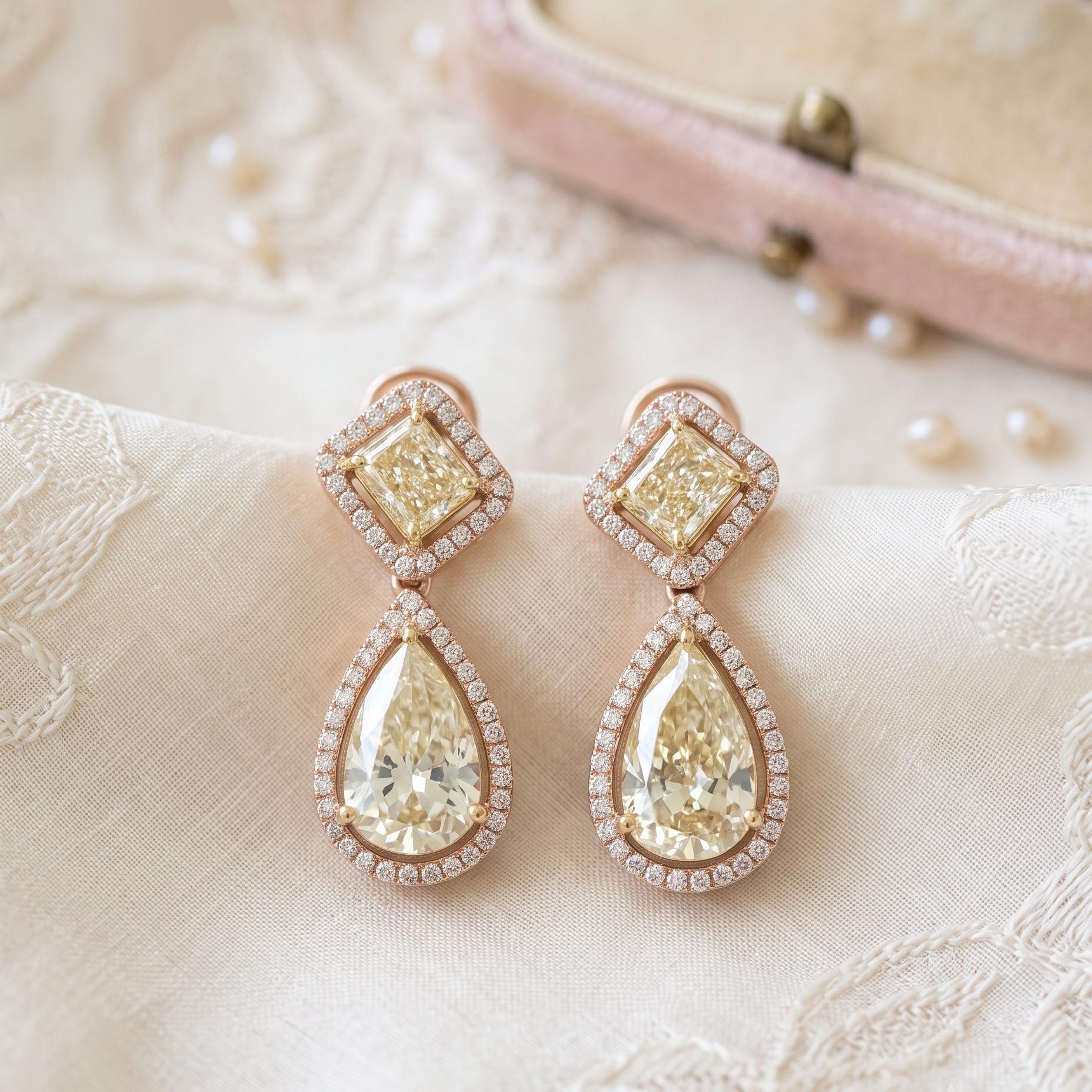 18K Rose Gold Drop Earrings with 9.06ct Pear Radiant & Round Diamonds
