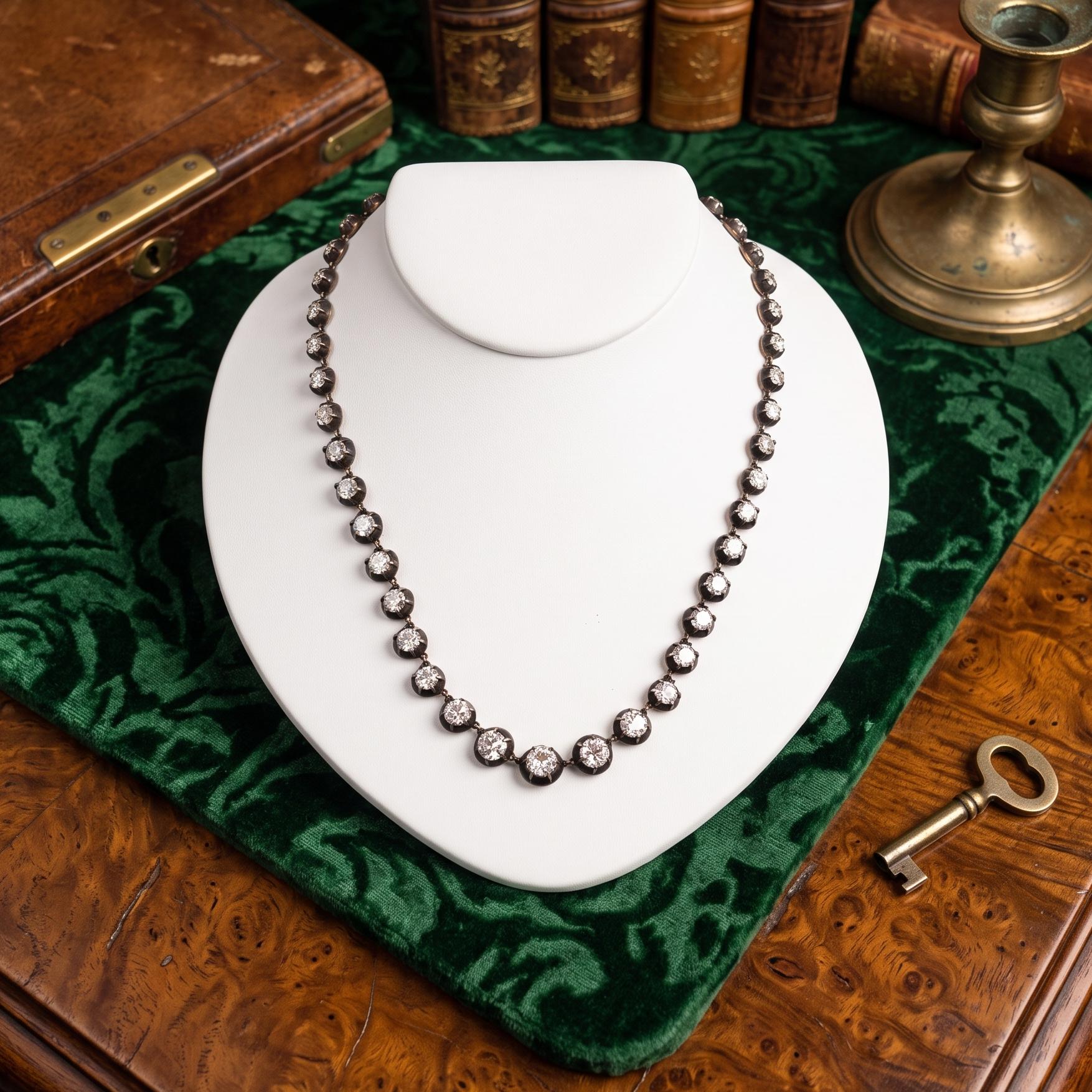 14K Two Tone Gold Riviera Necklace 6.15ct Old European & Circular Diamonds GIA