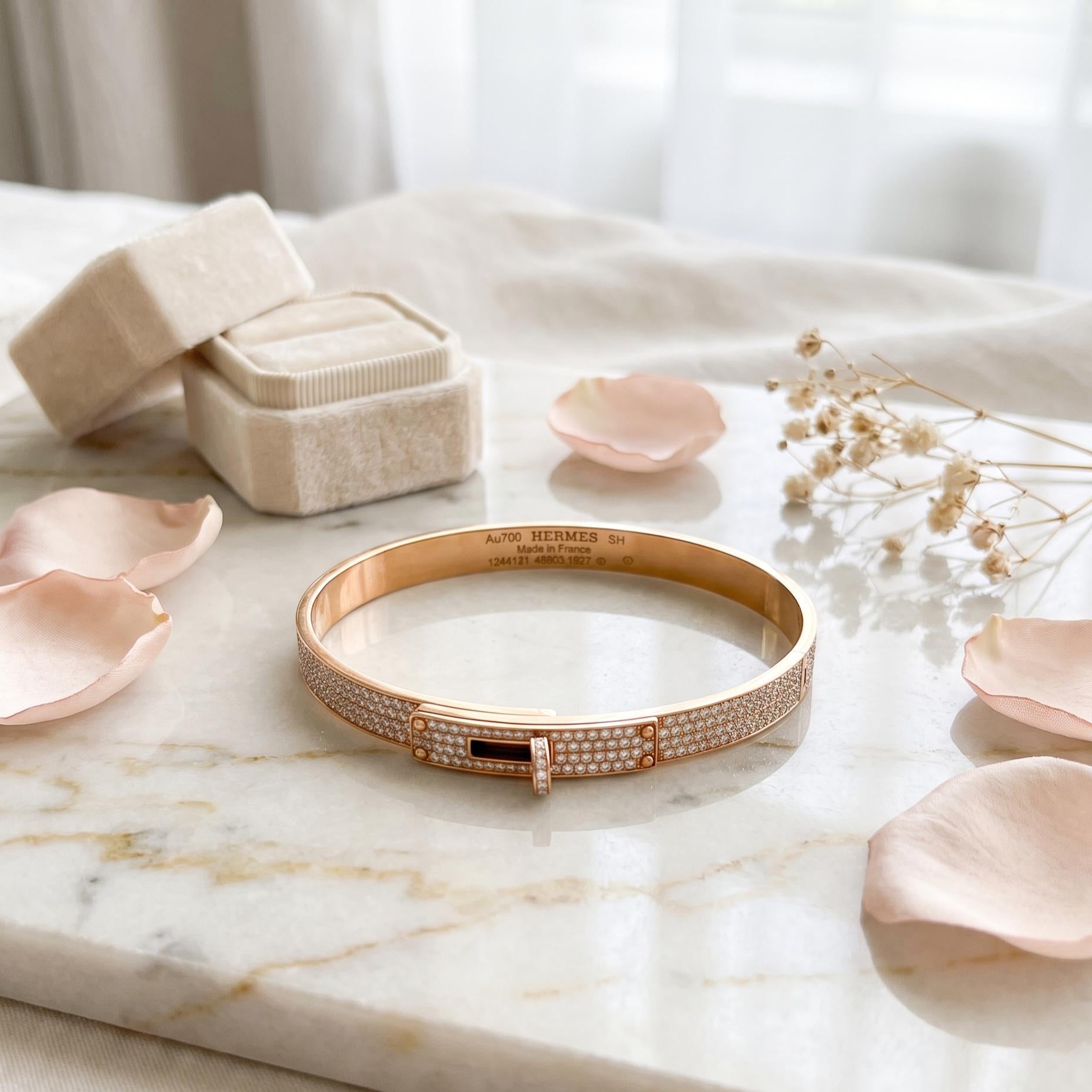 Hermes 18K Rose Gold Bangle Bracelet with 3.15 Carat Round F VS Diamonds 21 Gram