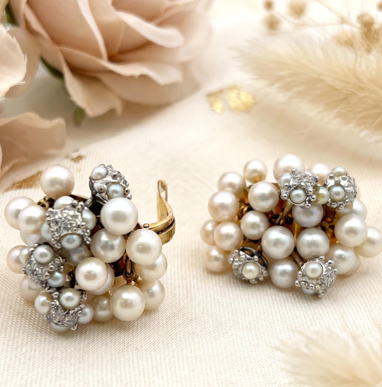 Seaman Schepps 18K Yellow Gold Cluster Earrings 0.5ct Round Diamonds and Pearls