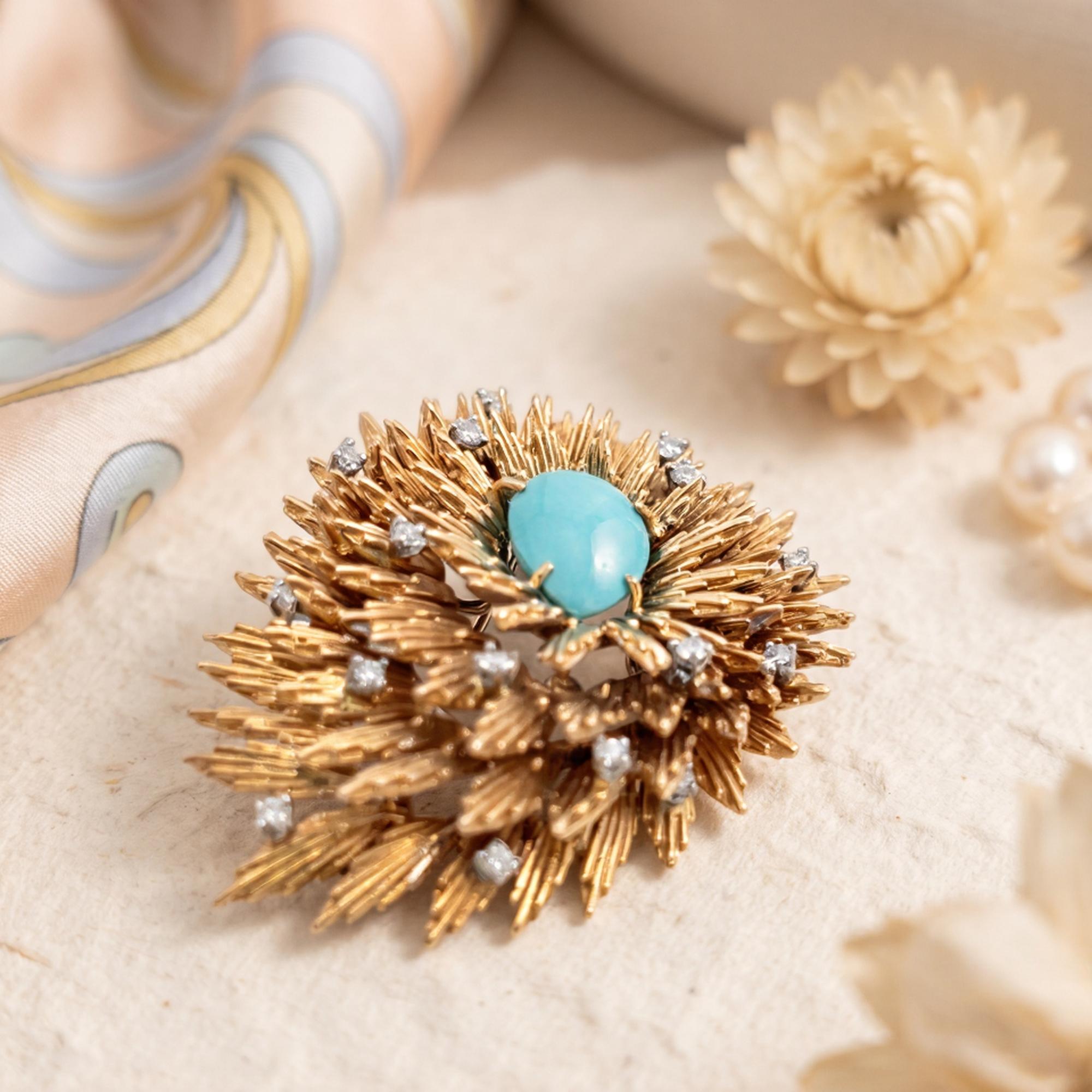 Cherny Vintage 18K Yellow Gold Sunburst Pin Brooch with Turquoise Gemstone