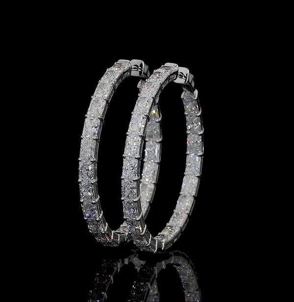 Lab-Grown 8.88 Carat Radiant F-VS2 Diamond 14K White Gold Hoops Earrings