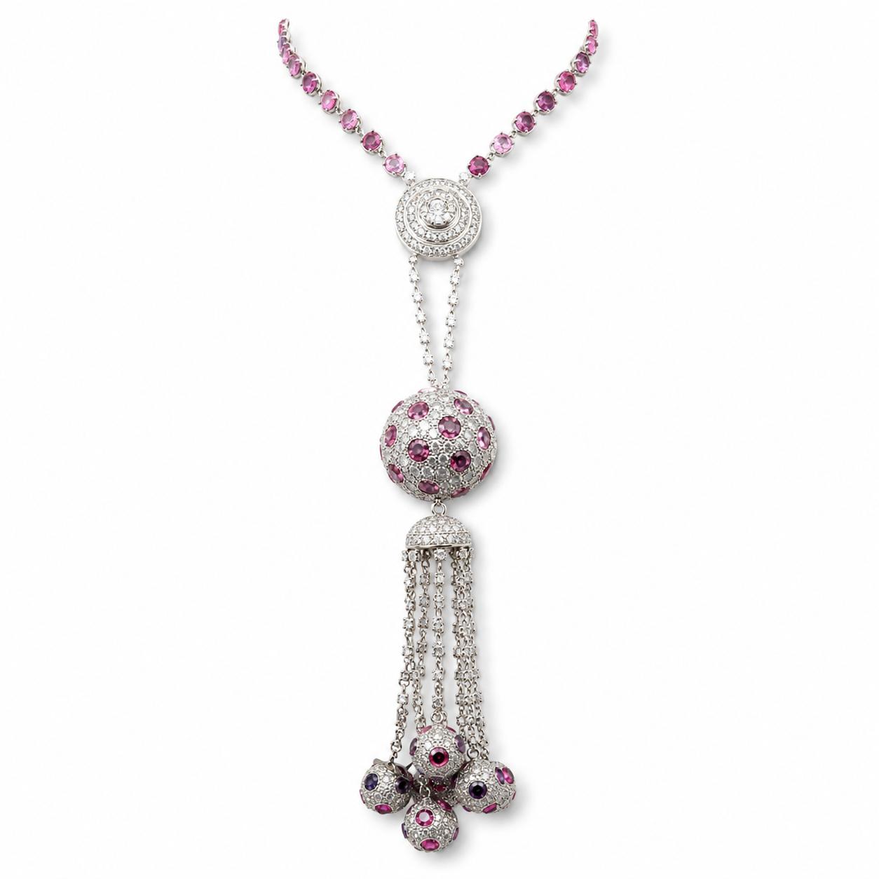 18K White Gold Dangling Necklace 20 Carat Round I I1 Diamonds 20 Carat Sapphires