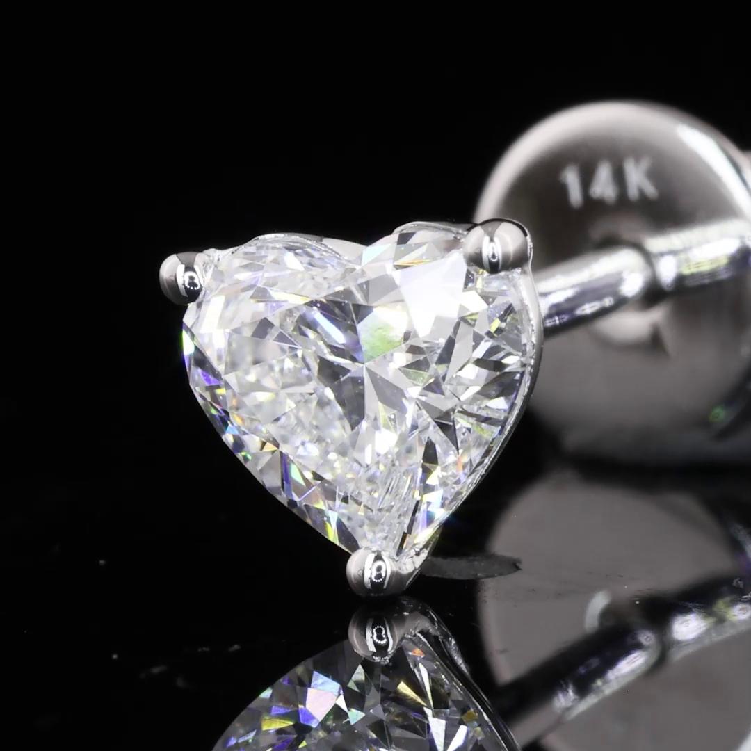 Lab-Grown 0.72 Carat Heart E-VS1 Diamond 14K White Gold Studs Earrings