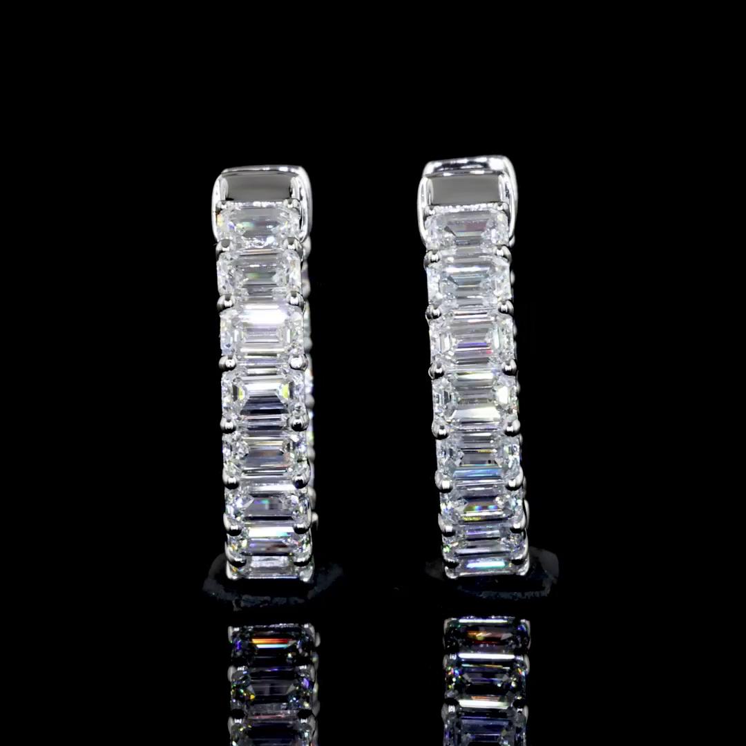 Lab-Grown 1.88 Carat Emerald F-VS2 Diamond 14K White Gold Huggies Earrings