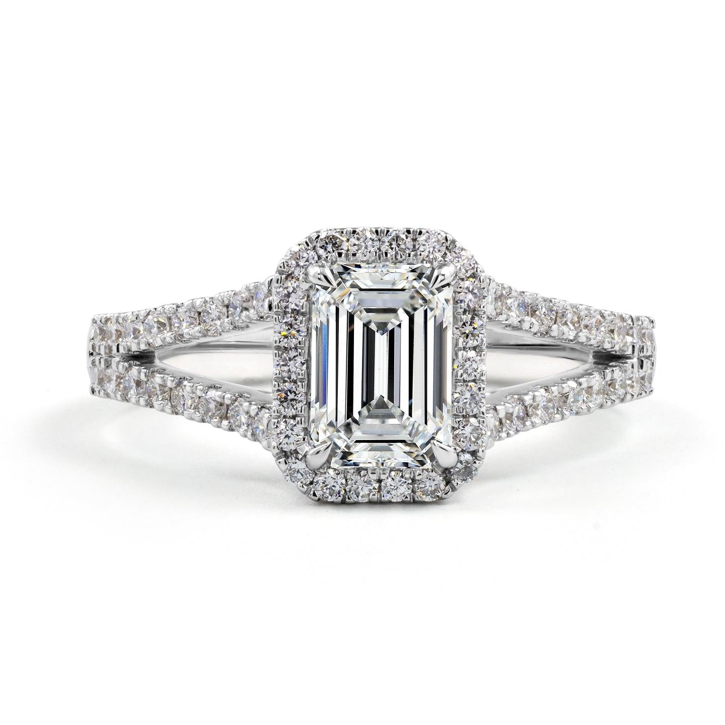 Lab-Grown 2.04 Carat Emerald E-VS1 Diamond 14K White Gold Split Shank Ring