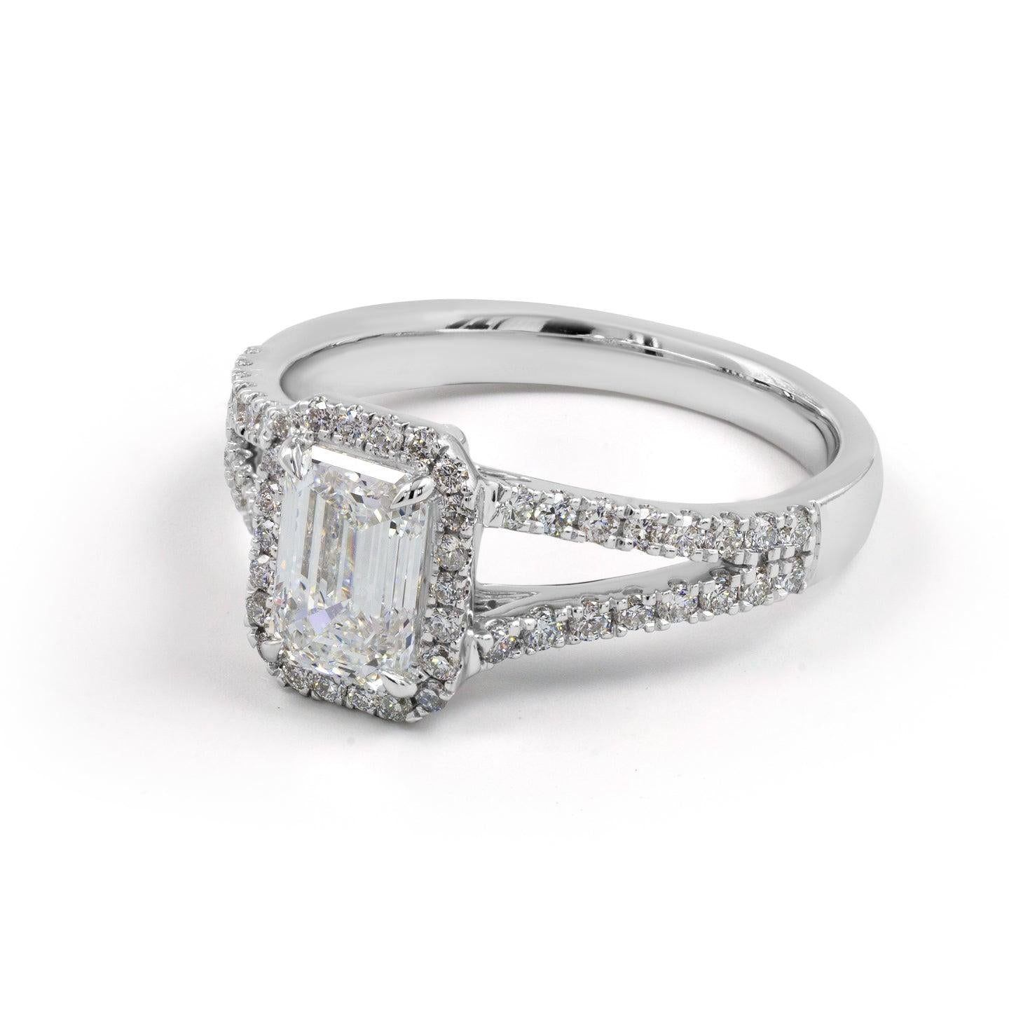 Lab-Grown 2.04 Carat Emerald E-VS1 Diamond 14K White Gold Split Shank Ring
