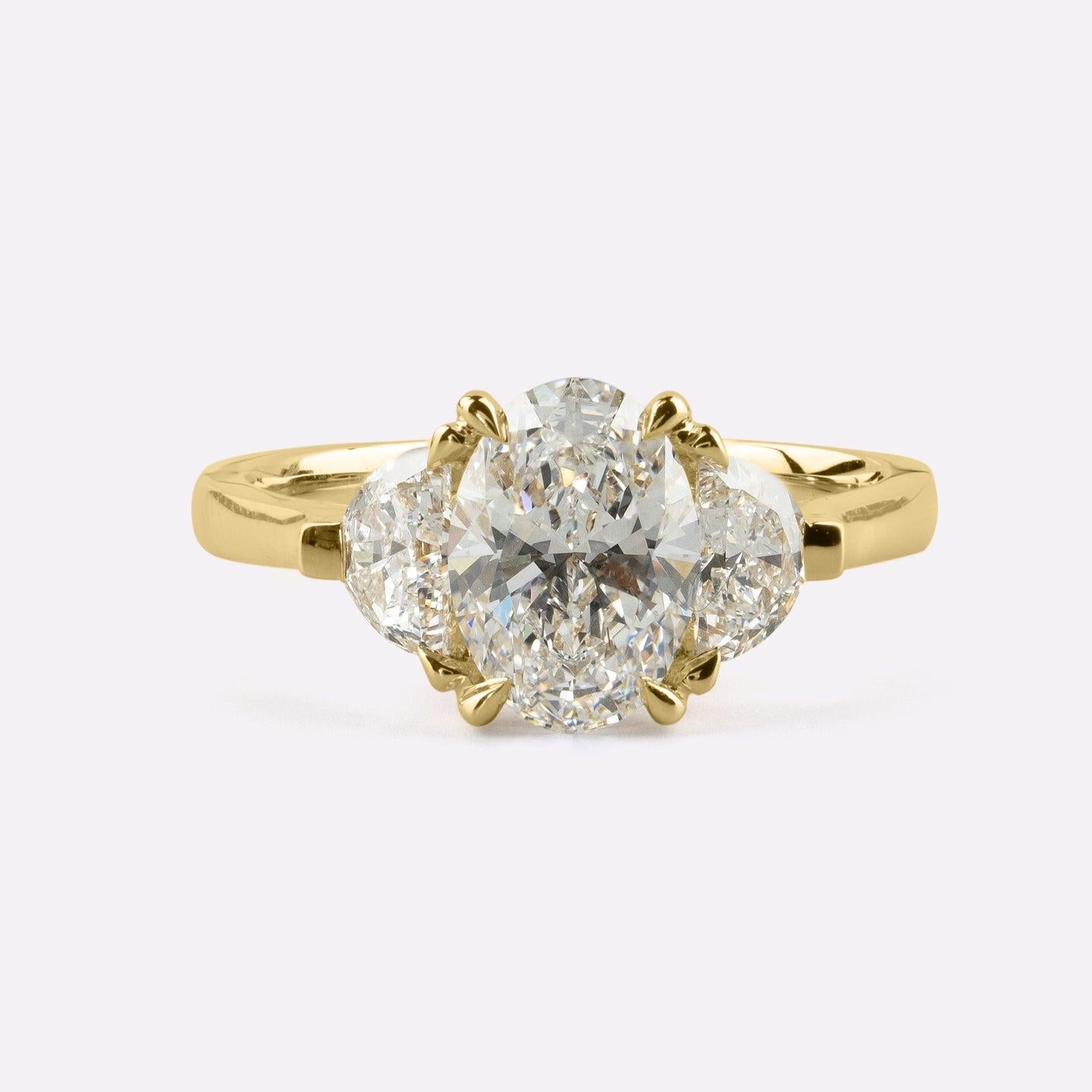 Lab-Grown 2.15 Carat Oval D-VS1 Diamond 14K Yellow Gold 3 Stones Ring