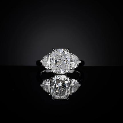 Lab-Grown 2.64 Carat Cushion Modified E-VVS2 Diamond 14K White Gold 3 Stones Rin