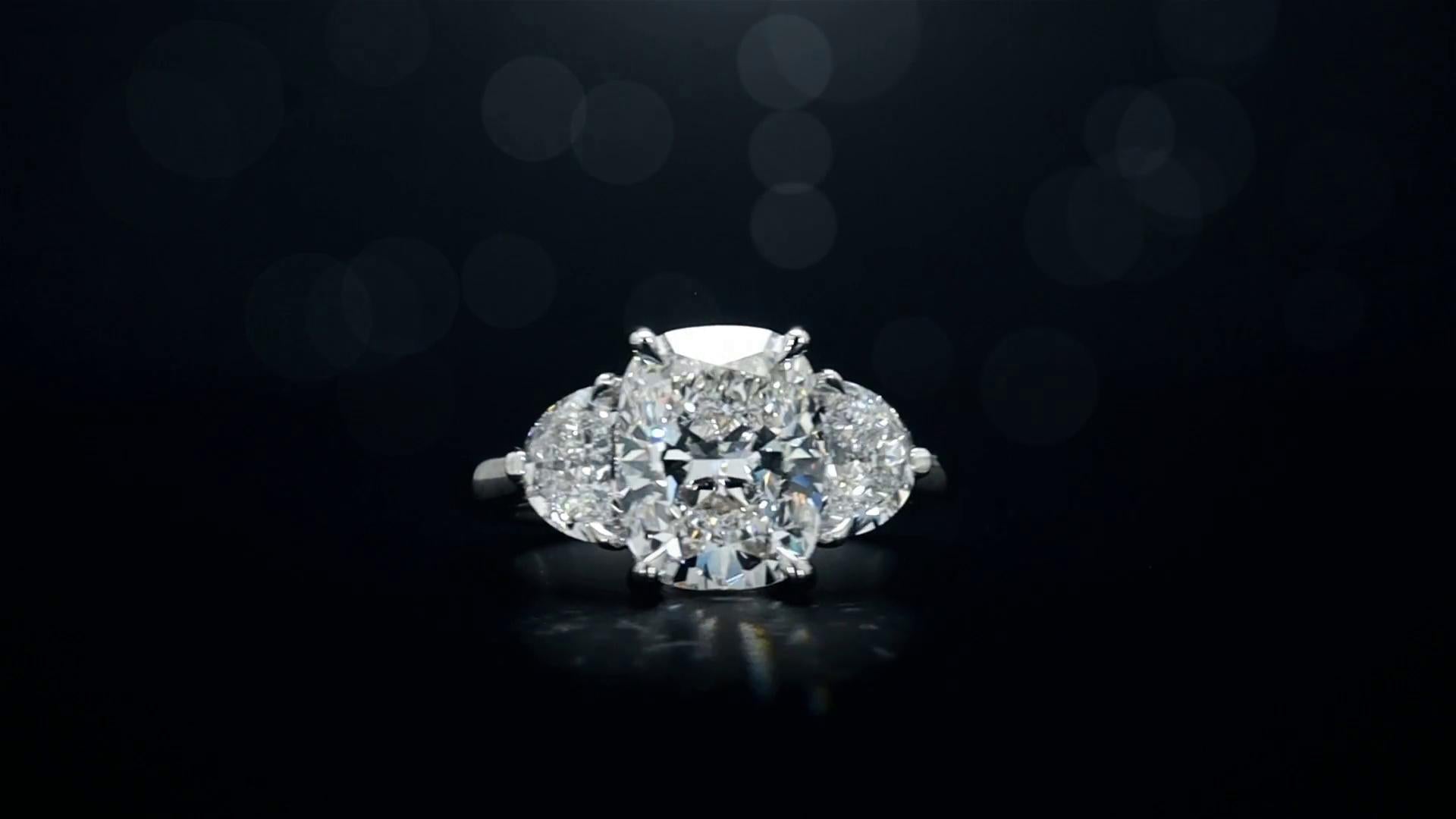 Lab-Grown 2.64 Carat Cushion Modified E-VVS2 Diamond 14K White Gold 3 Stones Rin