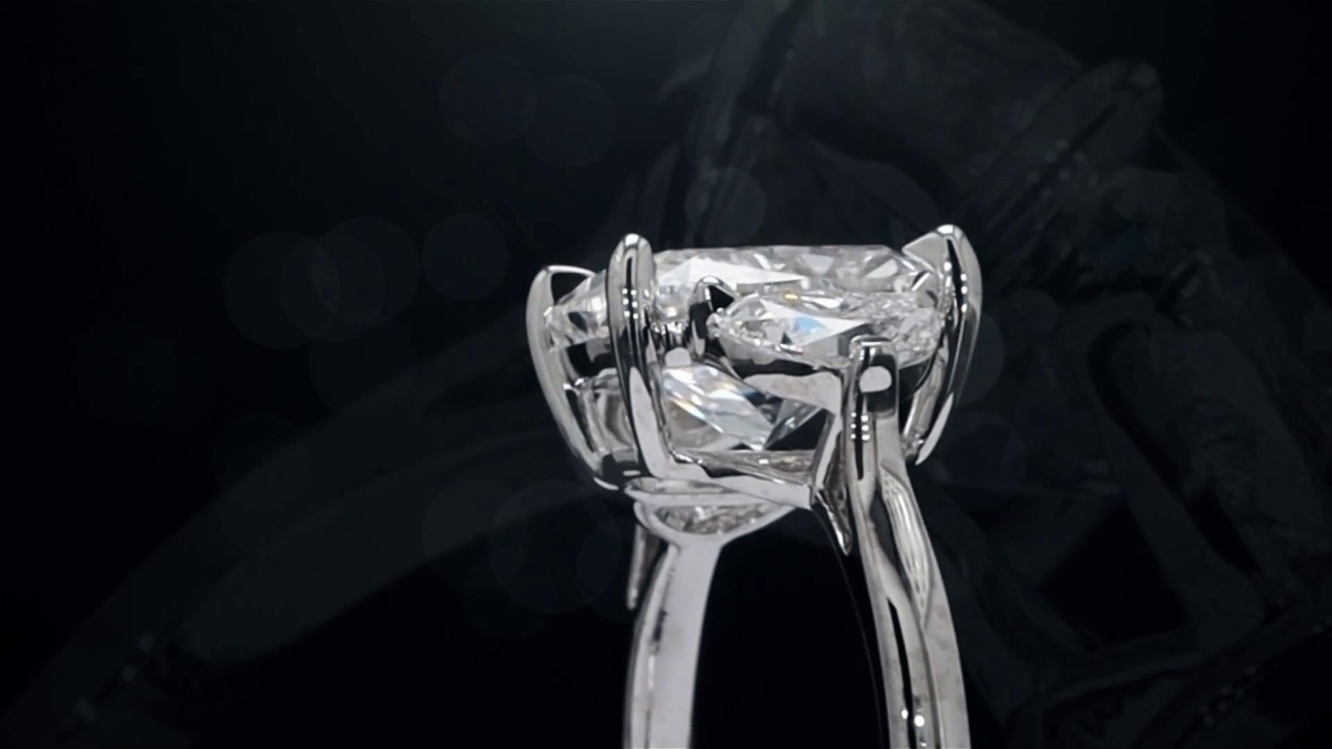 Lab-Grown 2.64 Carat Cushion Modified E-VVS2 Diamond 14K White Gold 3 Stones Rin