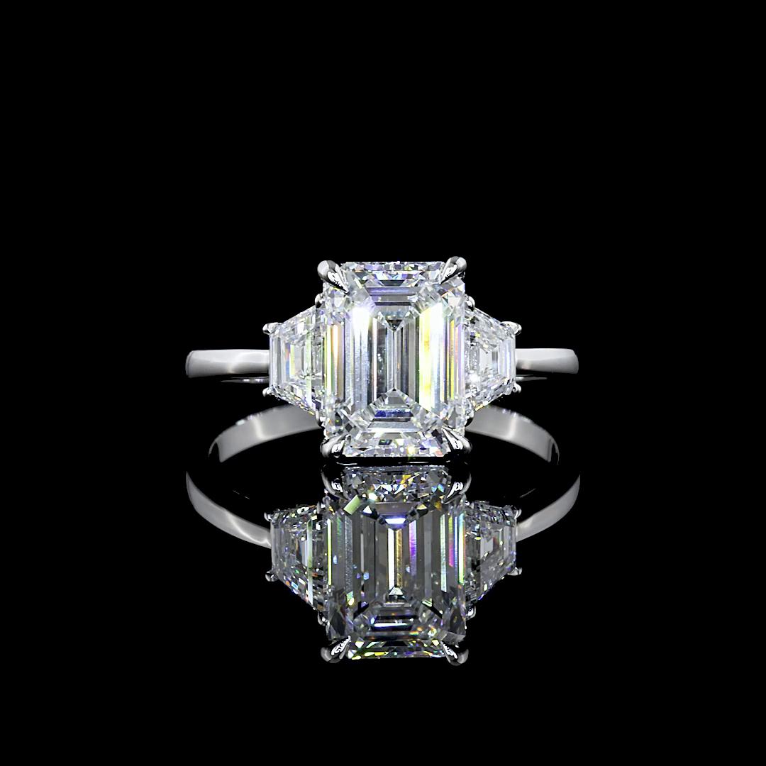 Lab-Grown 2.67 Carat Emerald E-VS1 Diamond 14K White Gold 3 Stones Ring