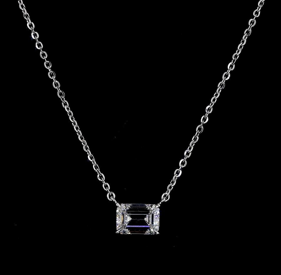 Lab-Grown 3.07 Carat Emerald F-VVS2 Diamond 14K White Gold Solitaire Pendant