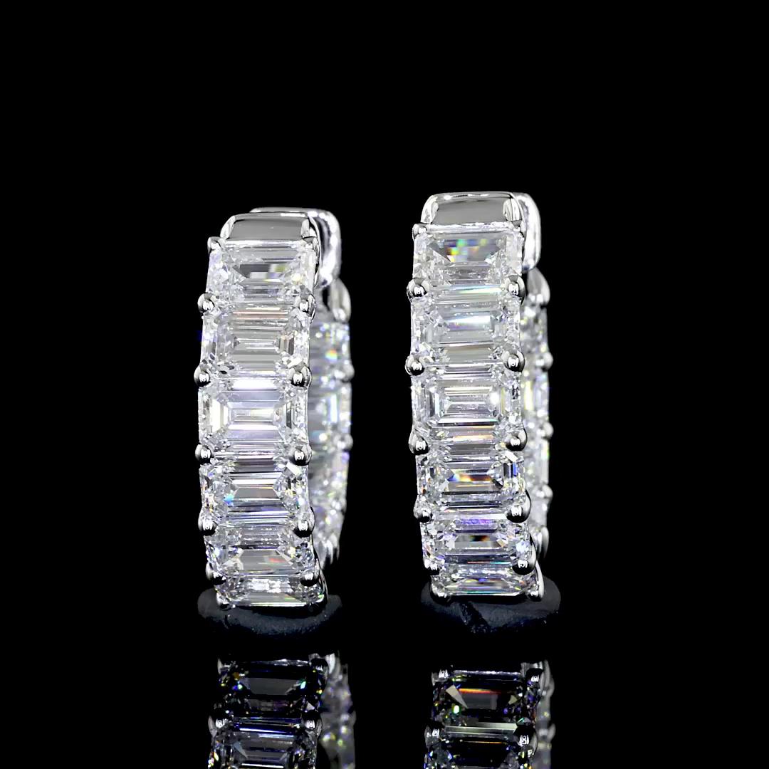 Lab-Grown 3.10 Carat Emerald E-VS Diamond 14K White Gold Huggies Earrings