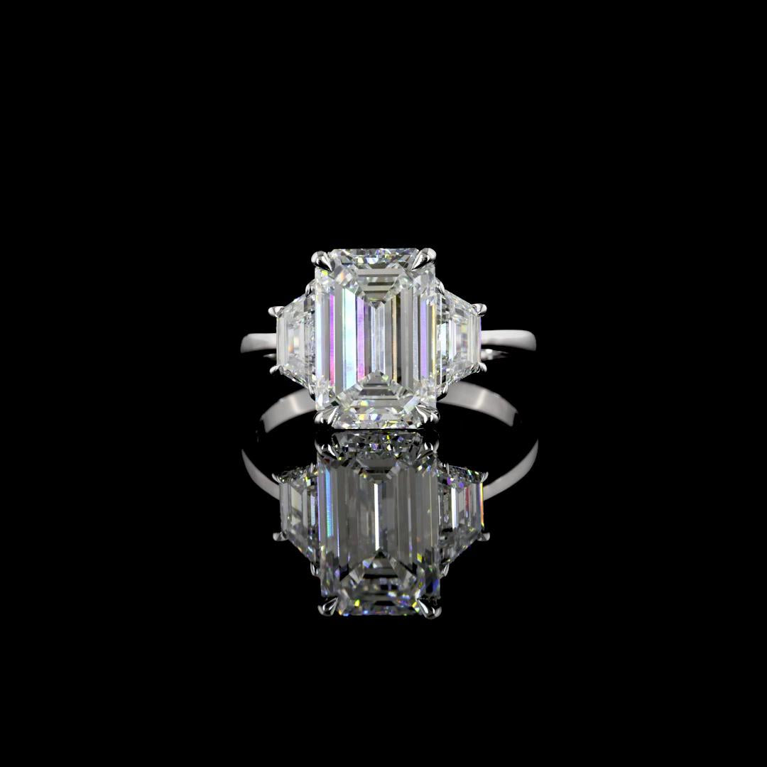 Lab-Grown 3.89 Carat Emerald E-VVS2 Diamond 14K White Gold 3 Stones Ring