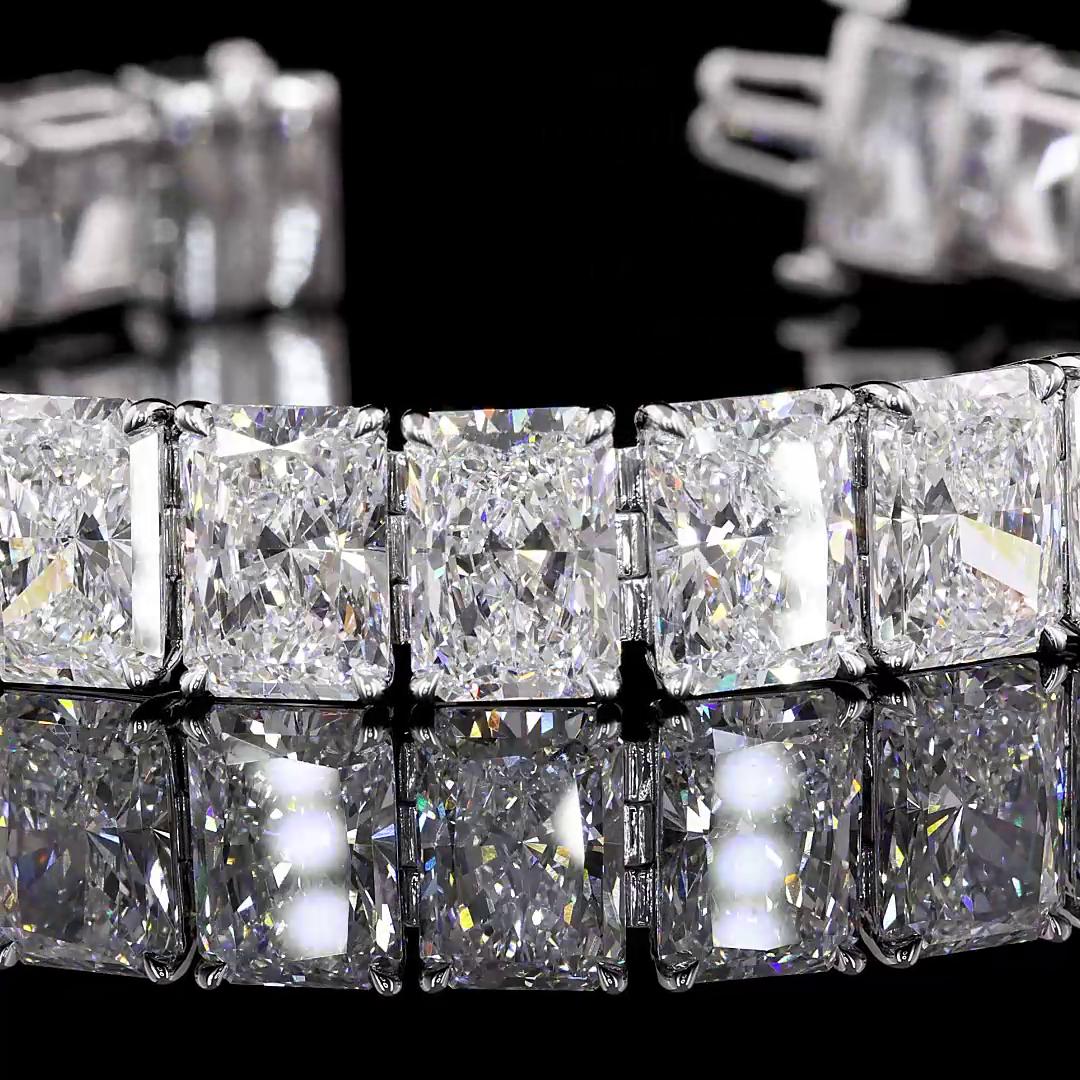 Lab-Grown 53.79 Carat Radiant E-VS2 Diamond 18K White Gold Tennis Bracelet