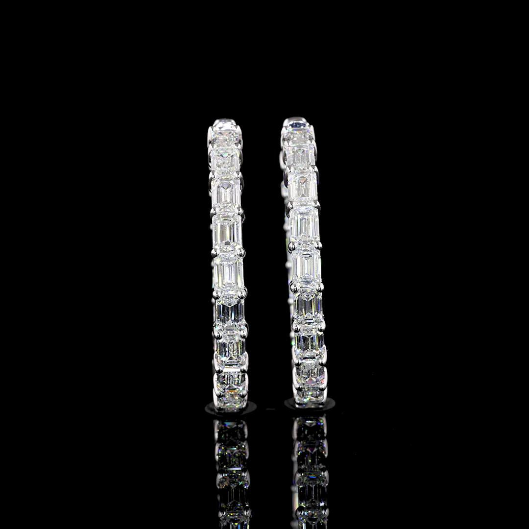Lab-Grown 7.12 Carat Emerald E-VS1 Diamond 14K White Gold Hoops Earrings