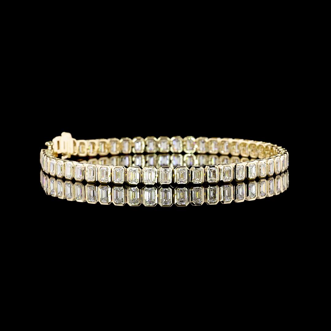 Lab-Grown 7.29 Carat Emerald E-VS Diamond 14K Yellow Gold Tennis Bracelet