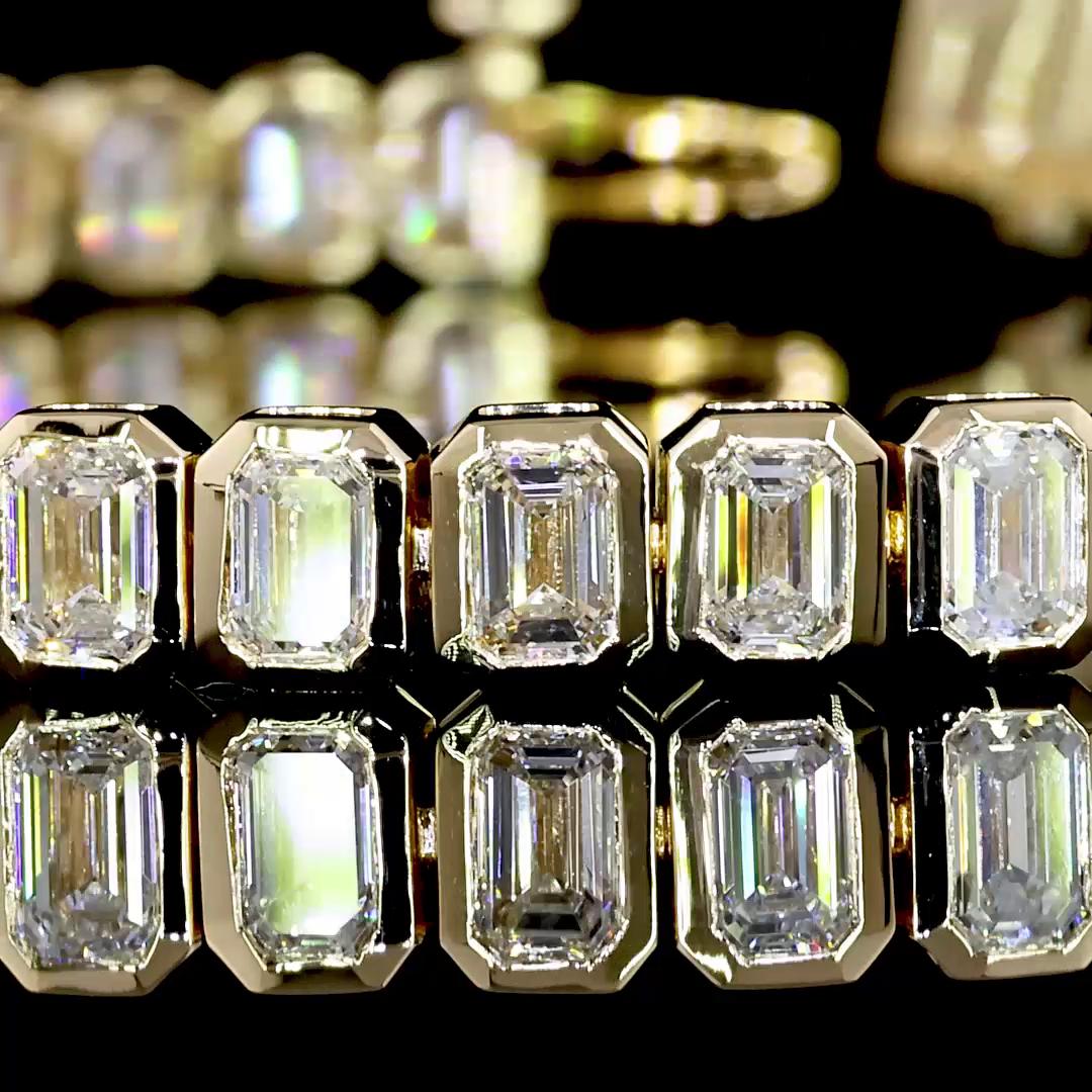 Lab-Grown 7.29 Carat Emerald E-VS Diamond 14K Yellow Gold Tennis Bracelet