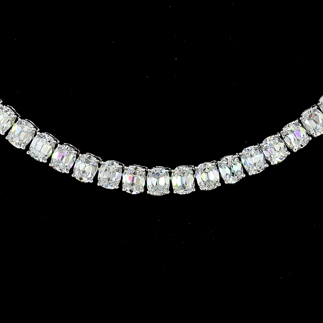 Lab-Grown 16.81 Carat Antique Cushion E-VS Diamond 14K White Gold Tennis Necklac