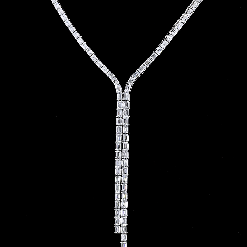 Lab-Grown 15.44 Carat Emerald E-VS1 Diamond 14K White Gold Tennis Necklace